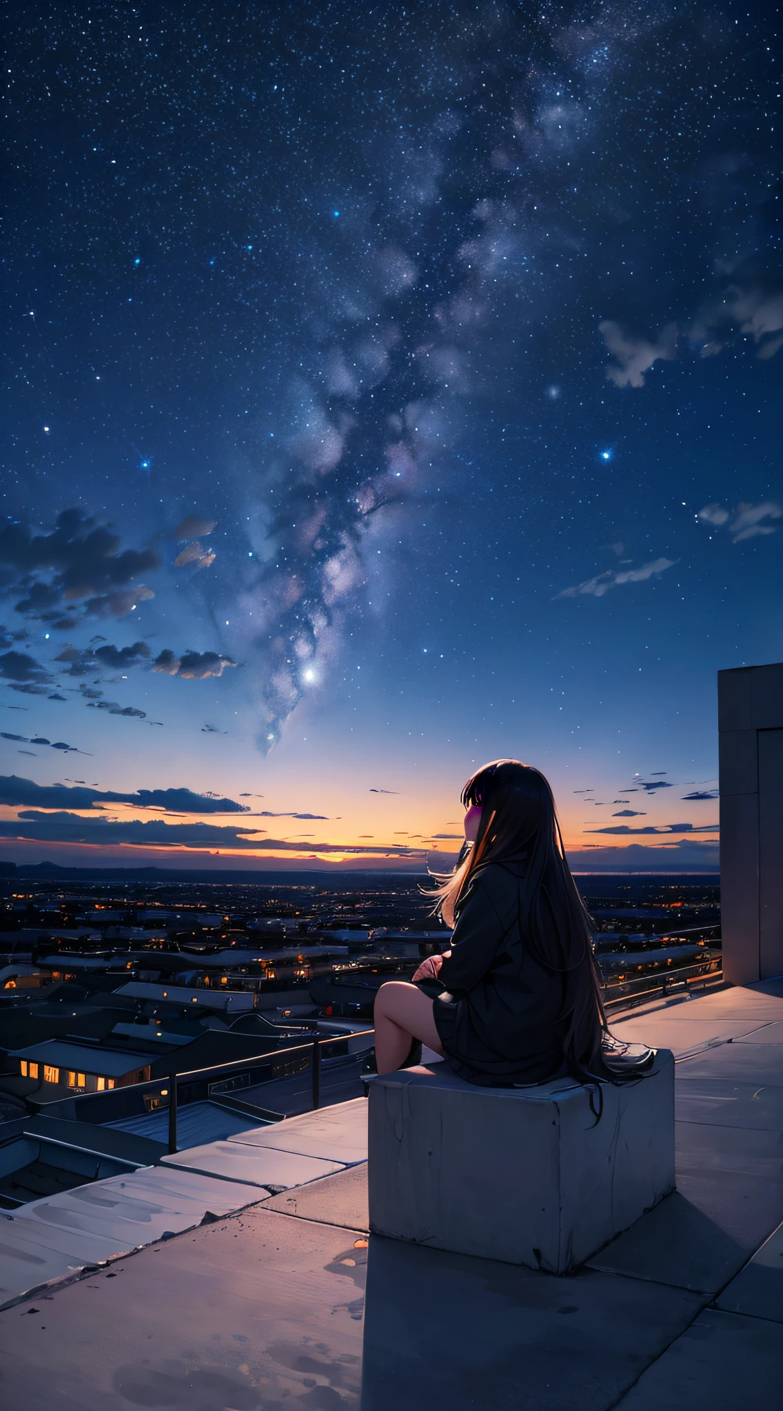 octans, sky, star (sky), scenery, starry sky, night, 1girl, night sky, solo, outdoors, building, cloud, milky way, sitting, tree, long hair, city, silhouette, cityscape