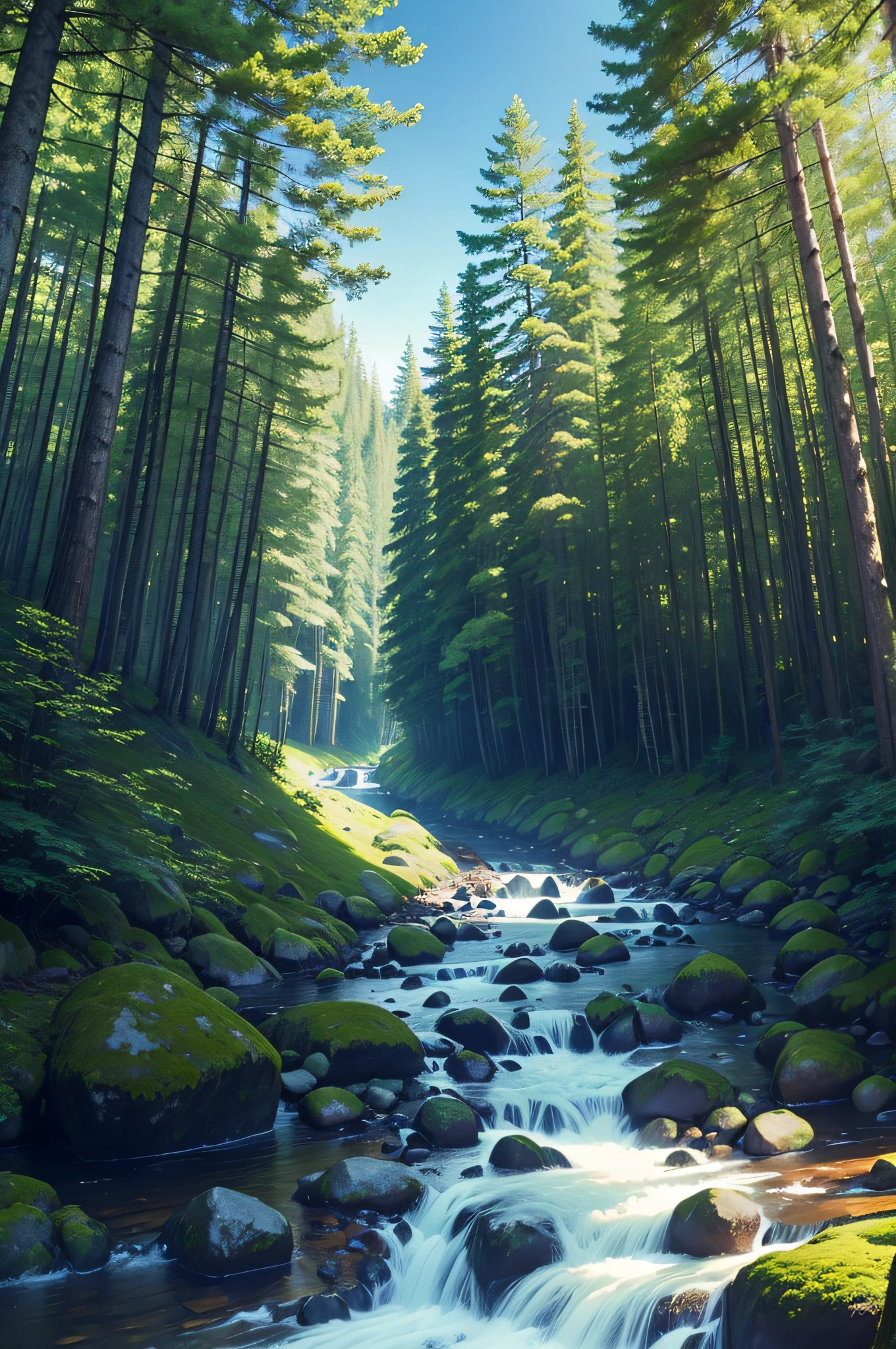 Breathtaking forest scenery, with tall trees and a calm stream under the blue sky.