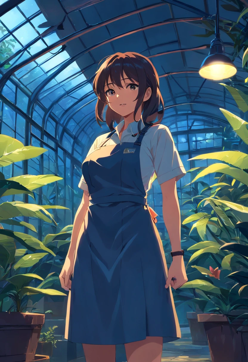 tmasterpiece,HighestQuali,((Dark feeling)),((The feeling of screaming)),((cygames)),Solo,A woman who is,((The upper part of the body,Bigboobs,Neat bangs)),Wear aprons and dresses,(((Petting a large snake))),(In the greenhouse at night,Tropical rainforest plants)