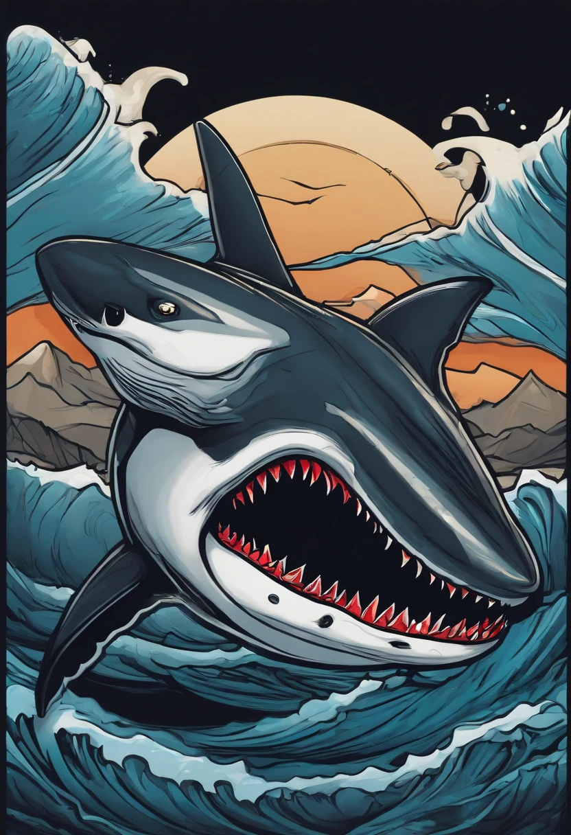 /imagine prompt: shark illustration for a sticker with a black background, in bold outline style, jagged edges, trashcore, light shading --v 5.2