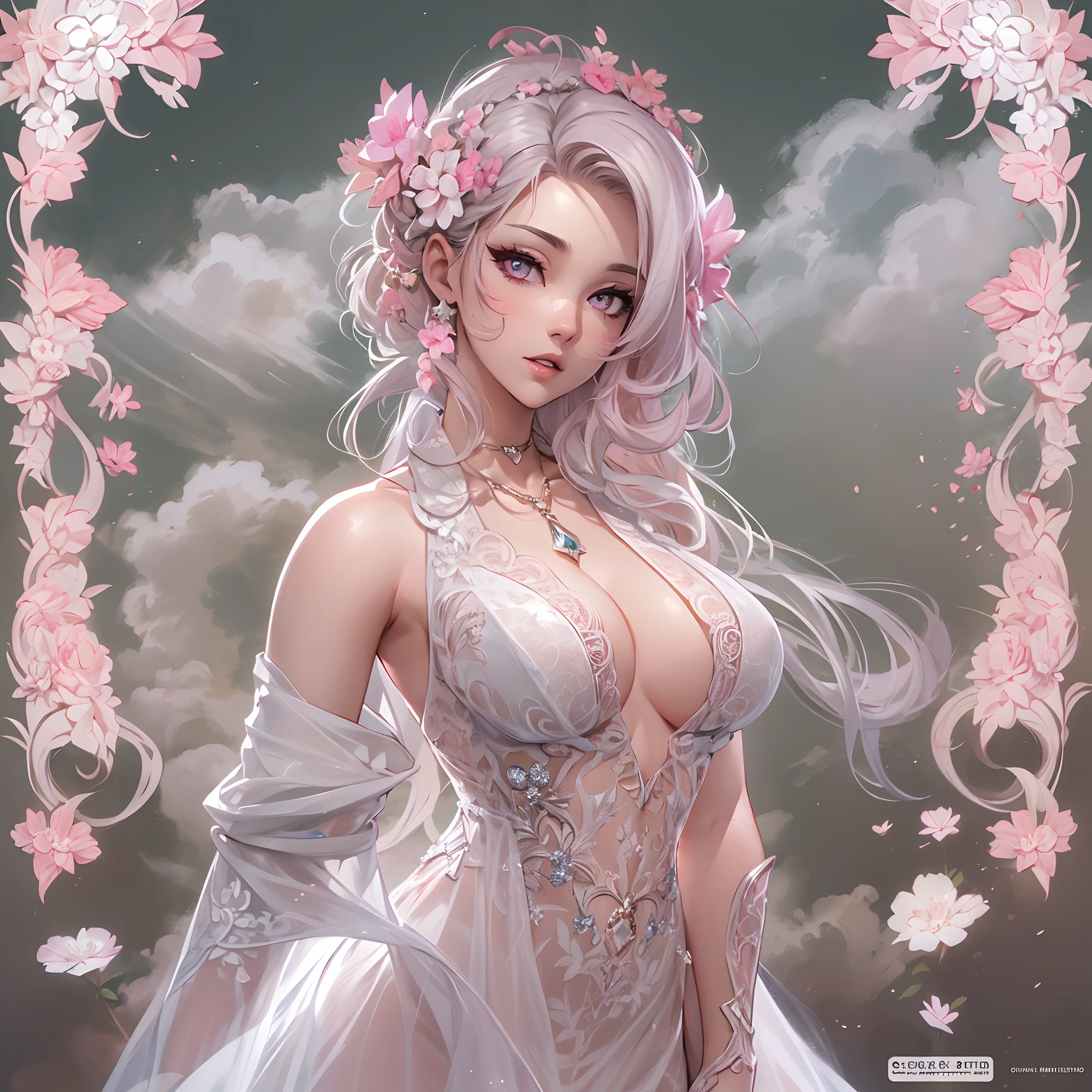 ((Masterpiece, Highest quality)), Detailed face, CharacterDesignSheet，full bodyesbian, perfectly proportions，Full of details, Multiple poses and expressions, Highly detailed, Martial arts girl，Seductive，Gradient hair color，in pink，Detailed eyes, ssee-through，wedding gown，lacepantyhose，Clouds，High Balance, Overhead halo，Natural light，Star decoration