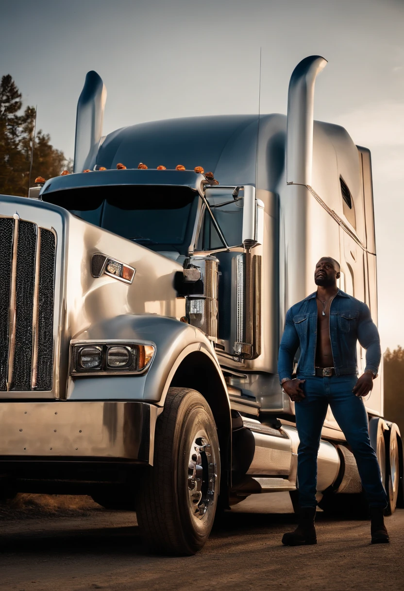 (Masterpiece - Detailed - Best Quality)

The epic scene depicts a muscular African American man standing powerfully beside a massive chrome semi truck, captured in crisp focus.

The man wears denim overalls and black Timberland boots. His strong physique is apparent as intense flames engulf his entire body undamaged, surrounding him in an orange and blue fiery aura.

Next to the man is an enormous silver semi truck. The truck's entire front end is meticulously reshaped and contoured to realistically resemble a human skull. The top of the grille forms the brow line. The headlights are brooding eye sockets. The bottom grille makes up a row of bared silver teeth. Intricate metal plating sculpts the nose, cheeks and cranium.