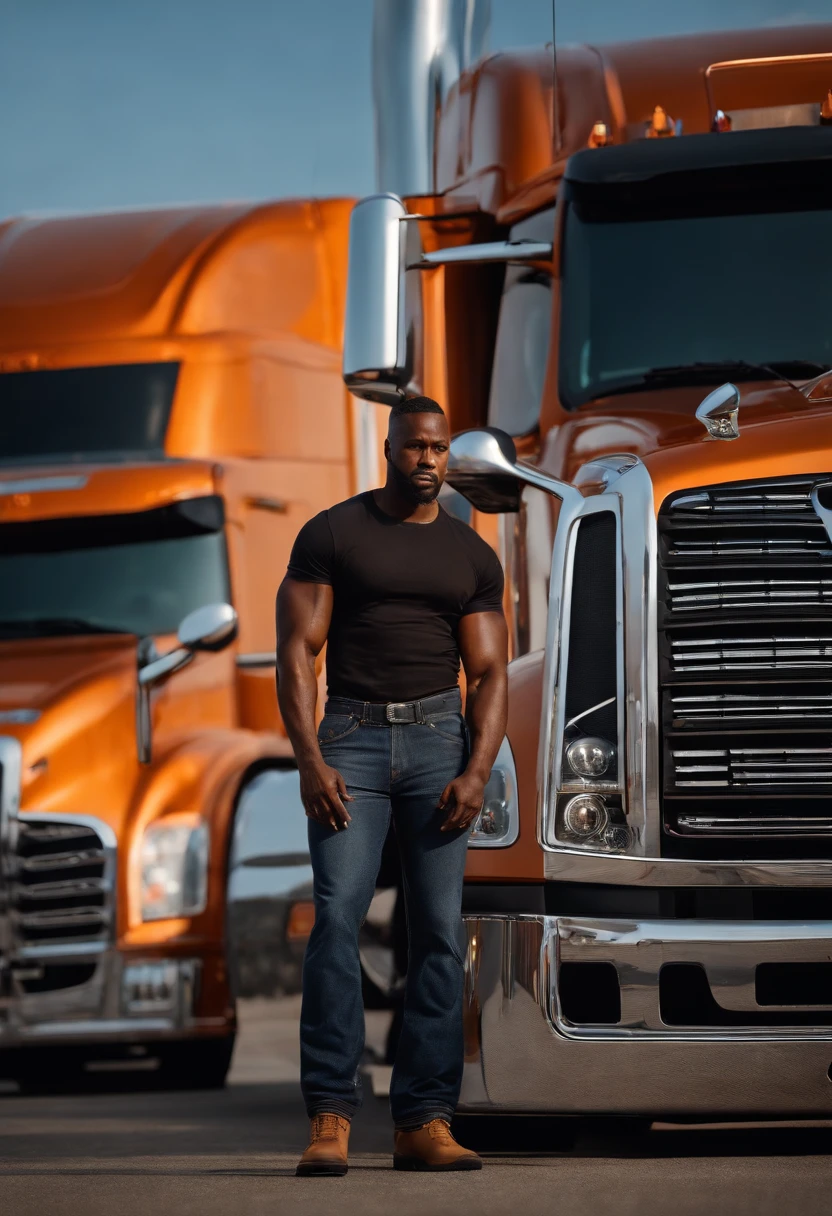 (Masterpiece - Detailed - Best Quality)

The epic scene depicts a muscular African American man standing powerfully beside a massive chrome semi truck, captured in crisp focus.

The man wears denim overalls and black Timberland boots. His strong physique is apparent as intense flames engulf his entire body undamaged, surrounding him in an orange and blue fiery aura.

Next to the man is an enormous silver semi truck. The truck's entire front end is meticulously reshaped and contoured to realistically resemble a human skull. The top of the grille forms the brow line. The headlights are brooding eye sockets. The bottom grille makes up a row of bared silver teeth. Intricate metal plating sculpts the nose, cheeks and cranium.