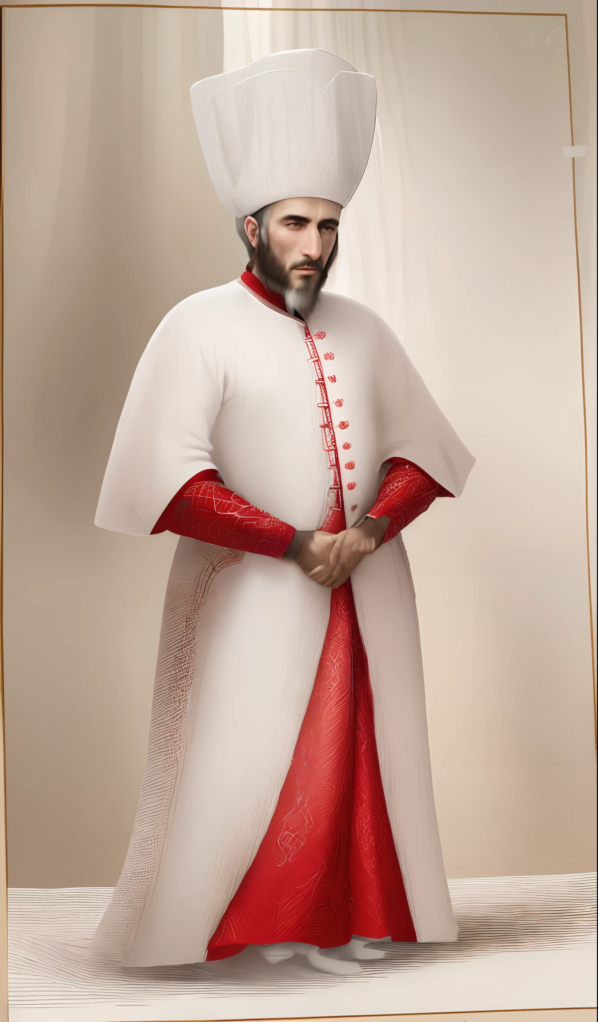 A man wears a white robe with a red robe underneath and a long white Ottoman hat. , real picture , Picture of a Muslim cleric , Picture of the XVI century, high resolution, clear features, complete picture, Renaissance world, Image of the Holy Saint