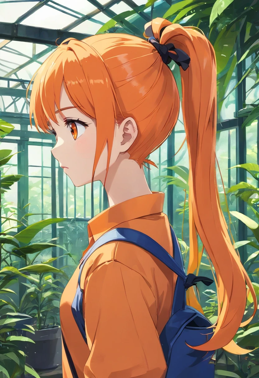 (Dark feeling),((The upper part of the body)),Cute little girl s,((((Double ponytail hairstyle,orange color hair)))),Wearing a tattered school uniform,bookbag,(In the greenhouse,Rainforest plants around snakes)
