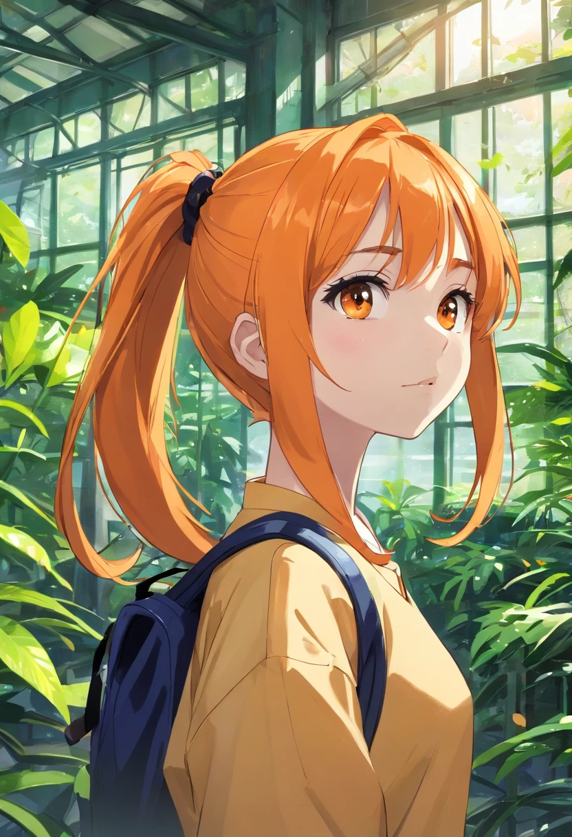 (Dark feeling),((The upper part of the body)),Cute little girl s,((((Double ponytail hairstyle,orange color hair)))),Wearing a tattered school uniform,bookbag,(In the greenhouse,Rainforest plants around snakes)