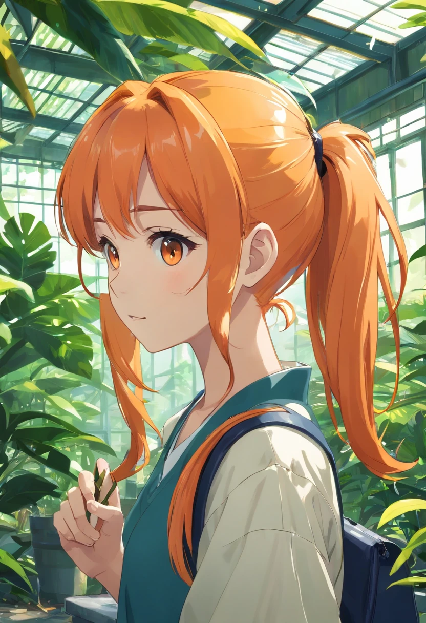 (Dark feeling),((The upper part of the body)),Cute girl s,((((Double ponytail hairstyle,orange color hair)))),Wearing a tattered school uniform,bookbag,(In the greenhouse,Rainforest plants around snakes)