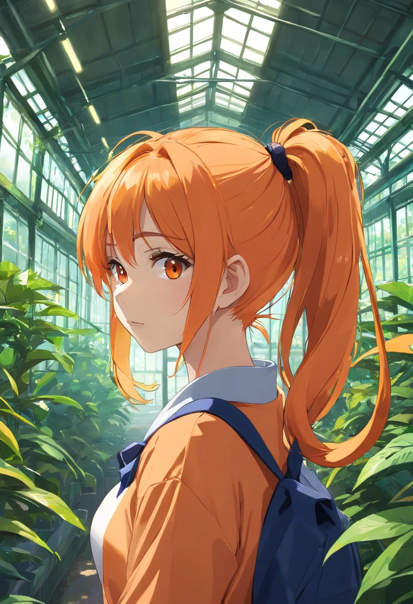 (Dark feeling)，((The upper part of the body))，Cute  girl s，((((Double ponytail hairstyle，orange color hair))))，Wearing a tattered school uniform，bookbag，(In the greenhouse，Rainforest plants around snakes)