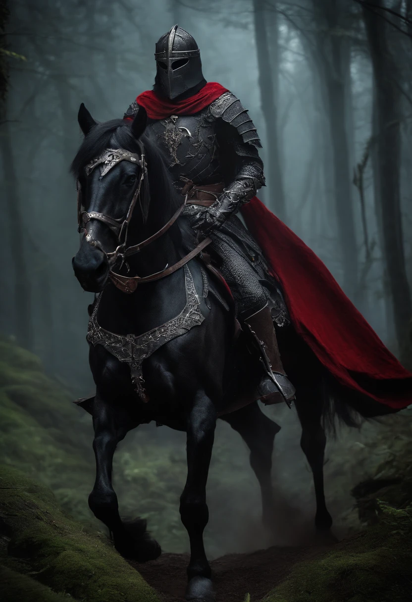 Undead Knight，Undead，Pitch-black armor，red eyes，Skeleton horse，fantasy world，Medieval dark forest，horror atmosphere，uncanny，High-precision details，HD，8k