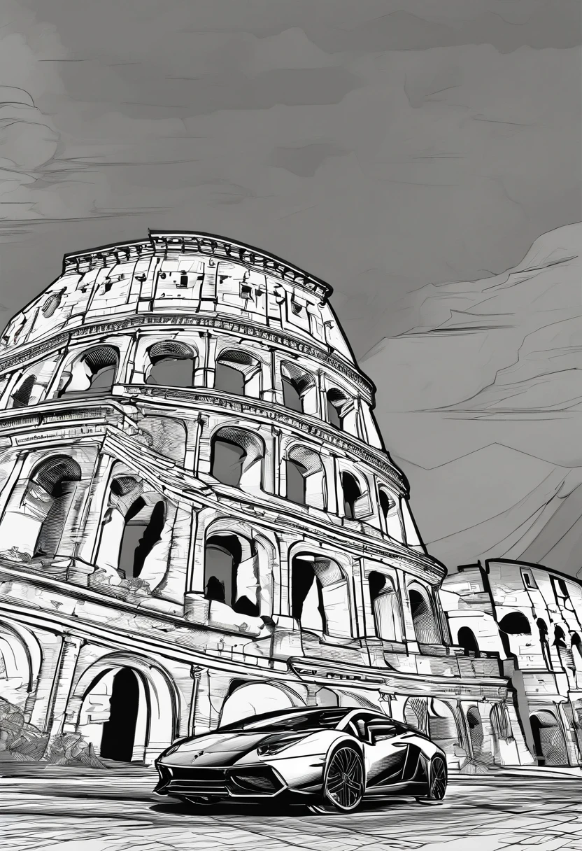 lamborghini  design for a T-shirt in roma and the coliseum in the background.