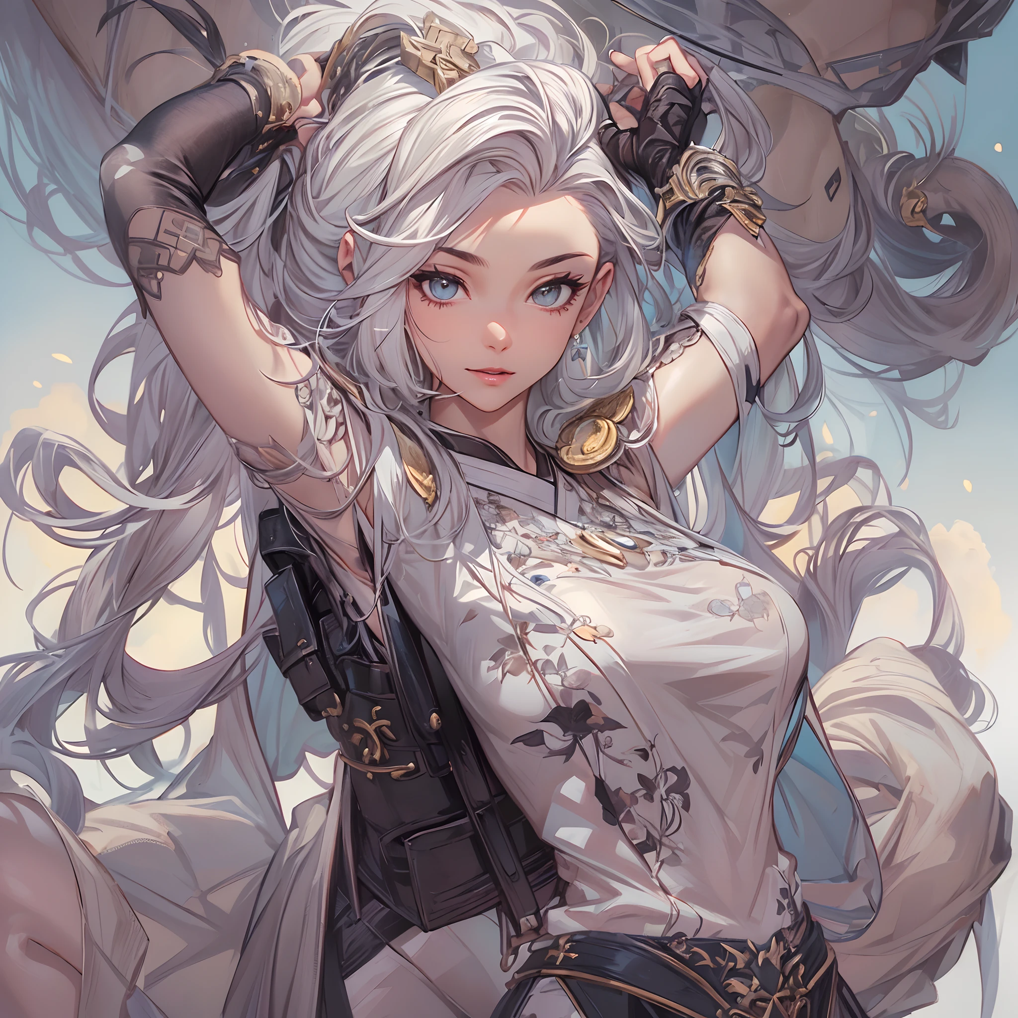 anime character with white hair sitting on the floor next to a dead friend on the battlefield with swords