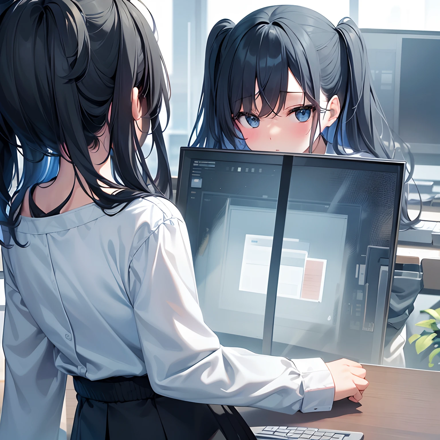 Flat style illustration The content is a depressed girl who works overtime in front of the computer in the office, In the background are floor-to-ceiling glass windows, and outside the windows are high-rise buildings at night, The painting style is cute and healing, Diagram of a girl out of a set of multiple views