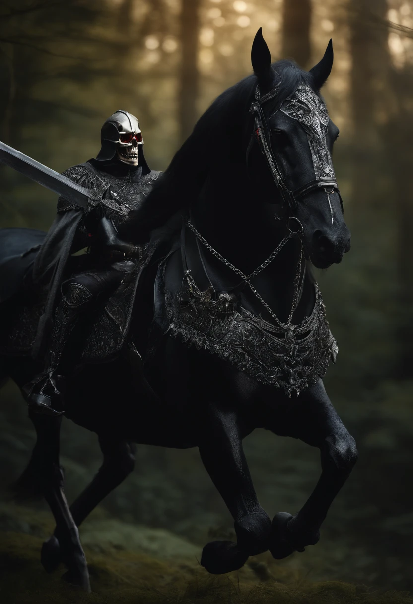 Undead Knight,Undead,Pitch-black armor,(Glowing red eyes),Skeleton horse,fantasy world,Medieval dark forest,horror atmosphere,uncanny,High-precision details,HD,8k