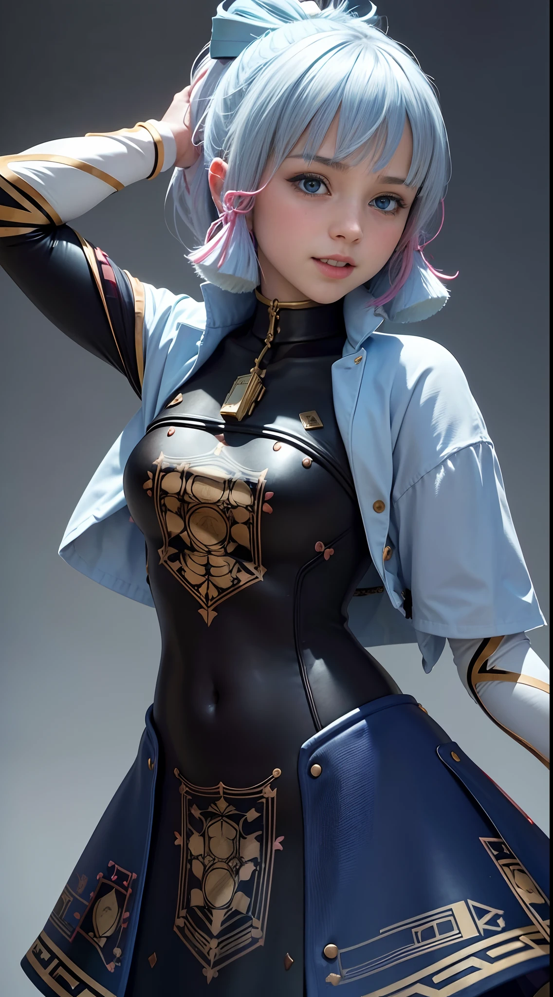 {best quality}, {{masterpiece}}, {high res}, extremely detailed CG, extremely detailed 8K wallpaper, extremely detailed character,{an extremely delicate and beautiful portrait}, (((portrait))), solo, sharp focus, dramatic angle, {{cinematic lighting}}, (photorealistic:2), {{{character ({{{a girl}}}, {{{{{{}}}}}}, smile, opened mouth, beautiful detailed eyes, light blue eyes)}}}, ((18 years old)), highly detailed eyes, highly detailed face, (cowboy shot), 1 girl, solo, standing, studio background, (black background), white hair, multicolored hair, petite, blue hoodie, hair ornament, (((bodysuit)))