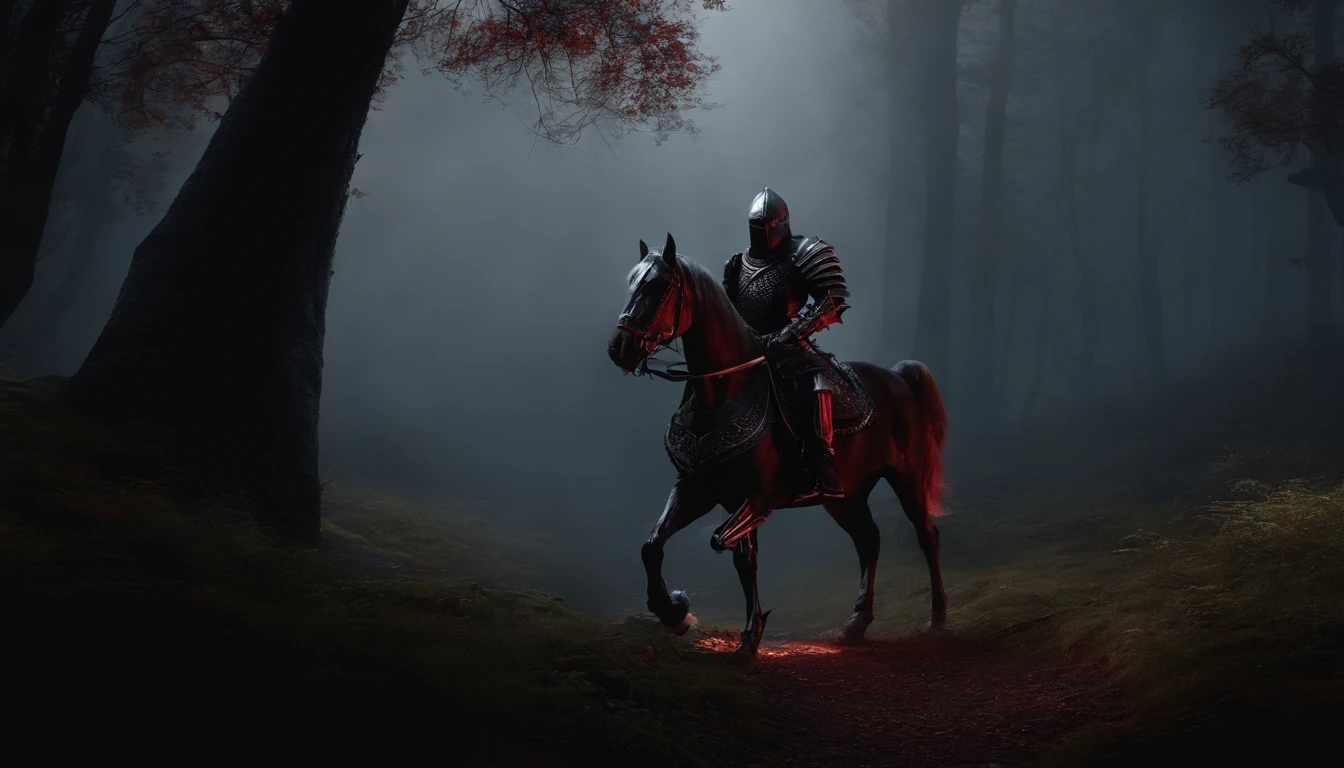 Undead Knight,Undead,Pitch-black armor,red eyes,Skeleton horse,fantasy world,Medieval dark forest,horror atmosphere,uncanny,High-precision details,HD,8k