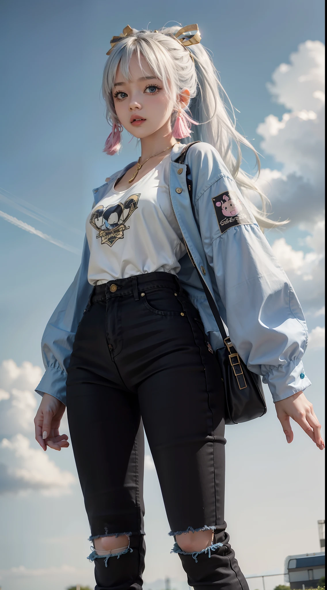 "kawaii, cute, adorable woman with pink, yellow, and baby blue color scheme. She is dressed in sky-themed clothes made out of clouds and sky motifs. Her outfit is fluffy and soft, with decora accessories like hairclips. She embodies the vibrant and trendy Harajuku fashion style." White hair, blue eyes, small boobs, big ass, big lips, juicy lips, huge hair, ((/ black jeans))