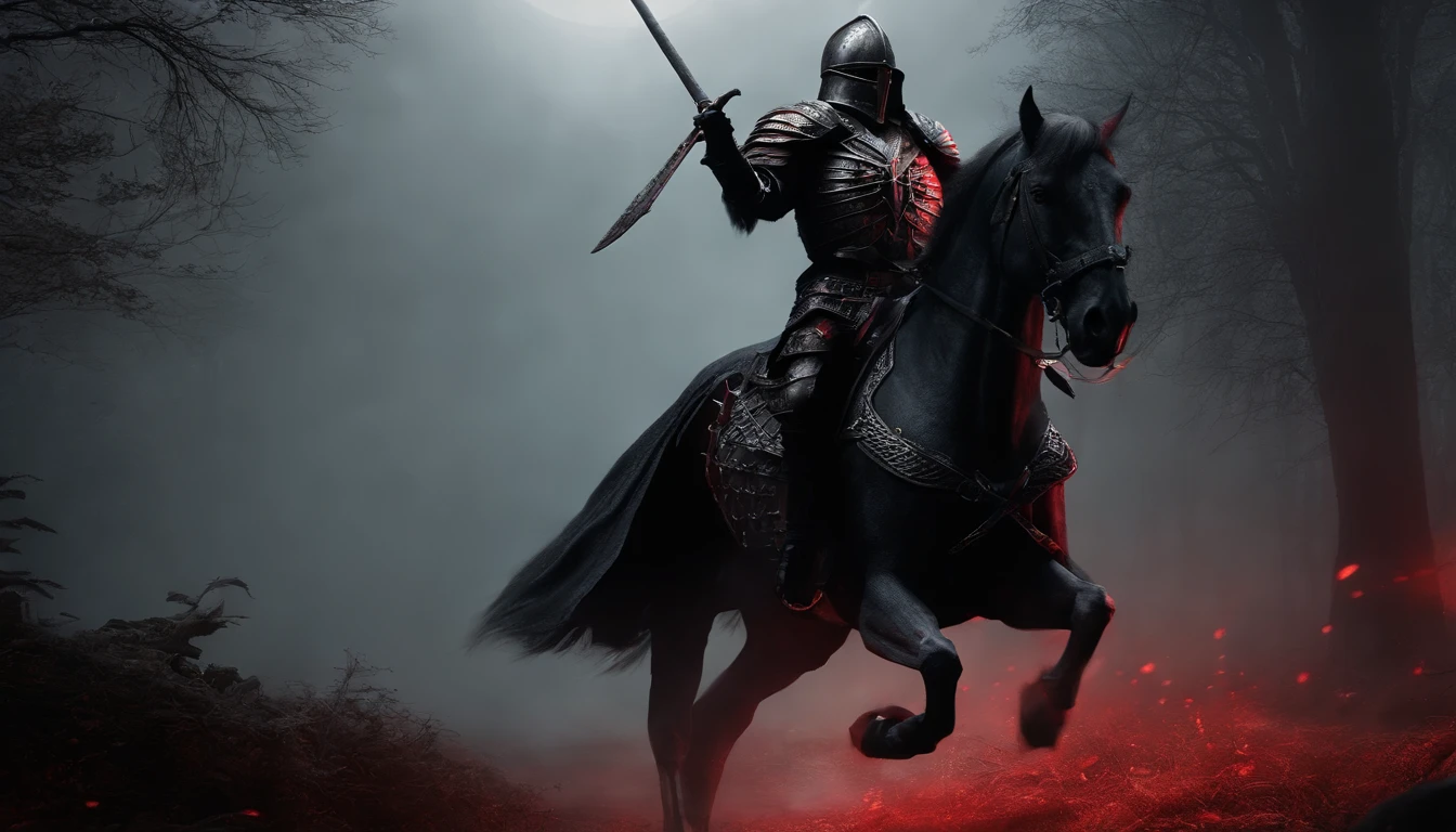 Undead Knight,Undead,Crusader pitch-black armor,red eyes,Skeleton horse,fantasy world,Medieval dark forest,horror atmosphere,uncanny,High-precision details,HD,8k