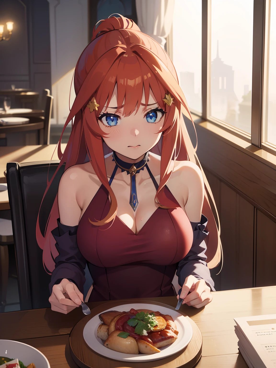 1 female、red hair、green eyes、dense lips、red bra、See-through、off shoulder、holding strawberries in your handasterpiece、ultra high resolution、perfect lighting、16K