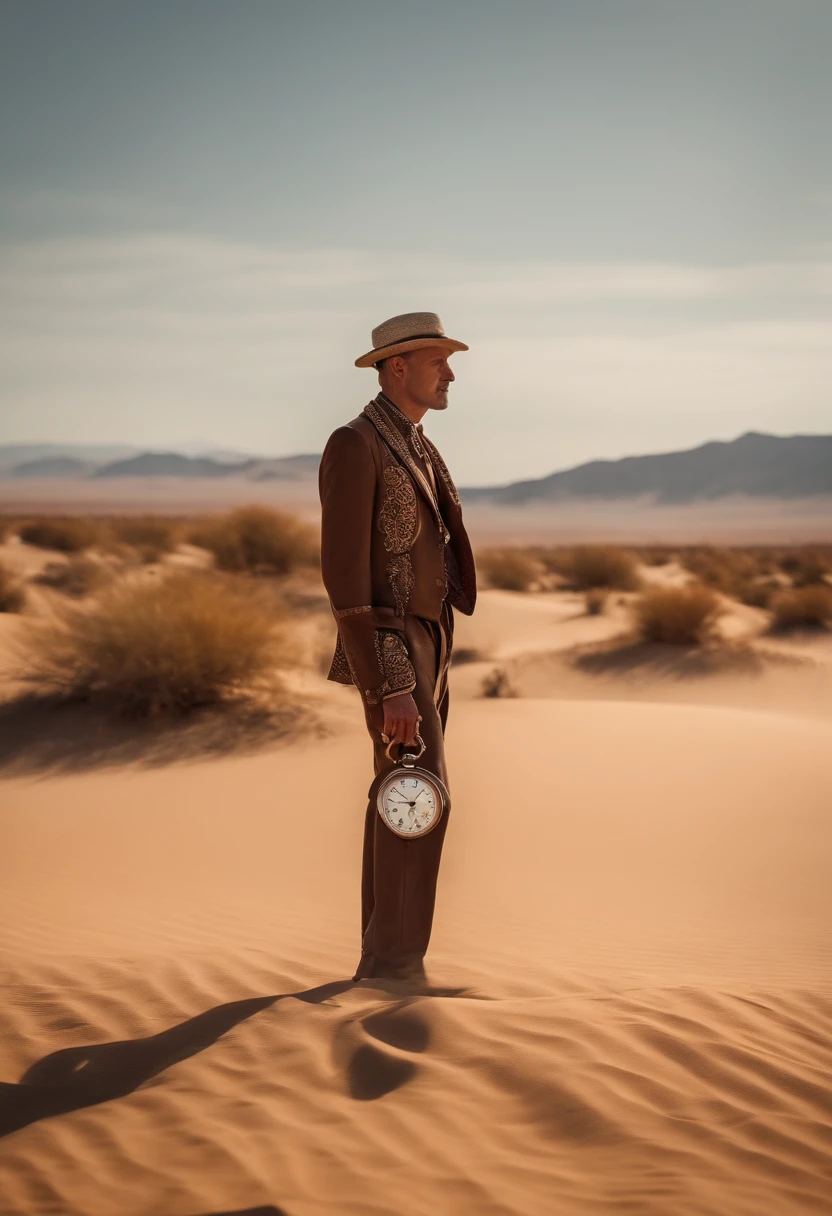 A man with a body made of pocket watches、While looking sad and wishing for a better tomorrow、Walking in the desert in the daytime
