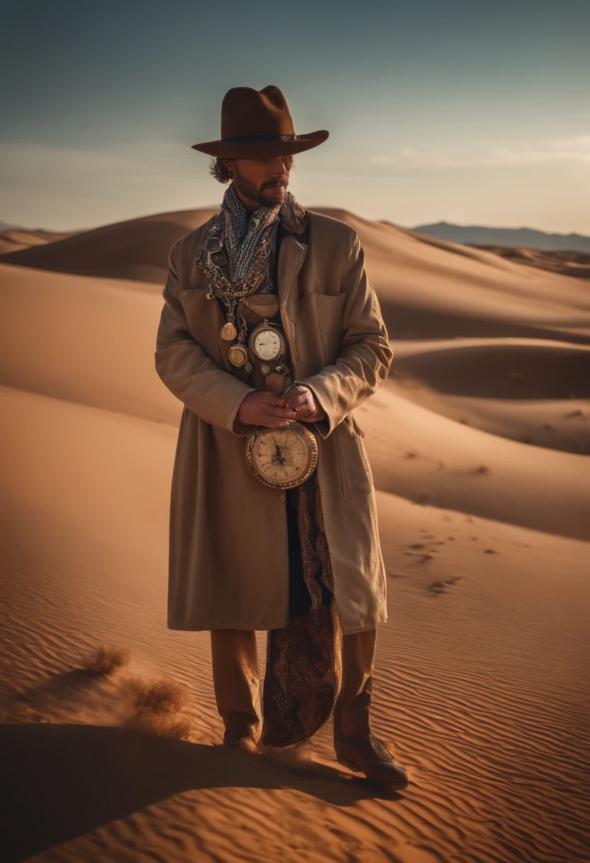 A man with a body made of pocket watches、While looking sad and wishing for a better tomorrow、Walking in the desert in the daytime