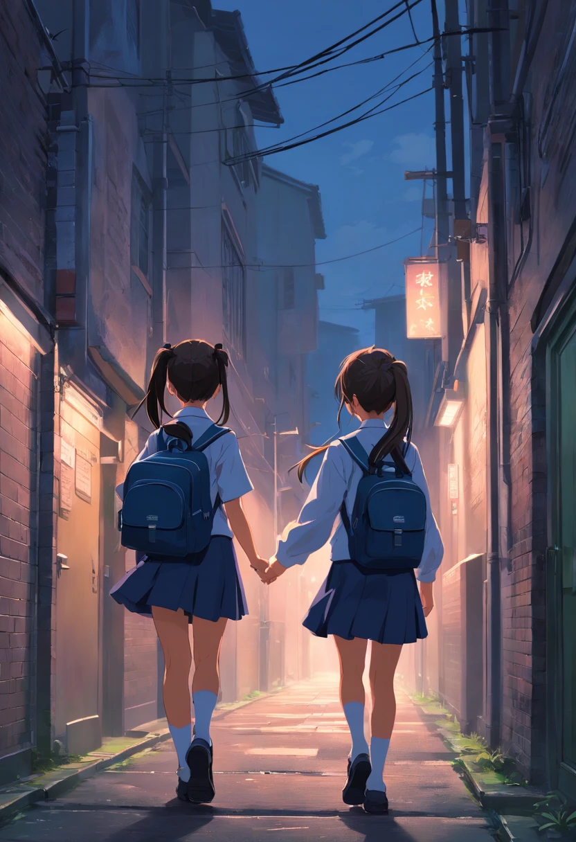 (Dark feeling),((The upper part of the body)),Cute young girl,Age 8 ,((((Two ponytail hairstyles)))),dressed in((Tattered school uniforms)),bookbag,((Walk through dark alleys))