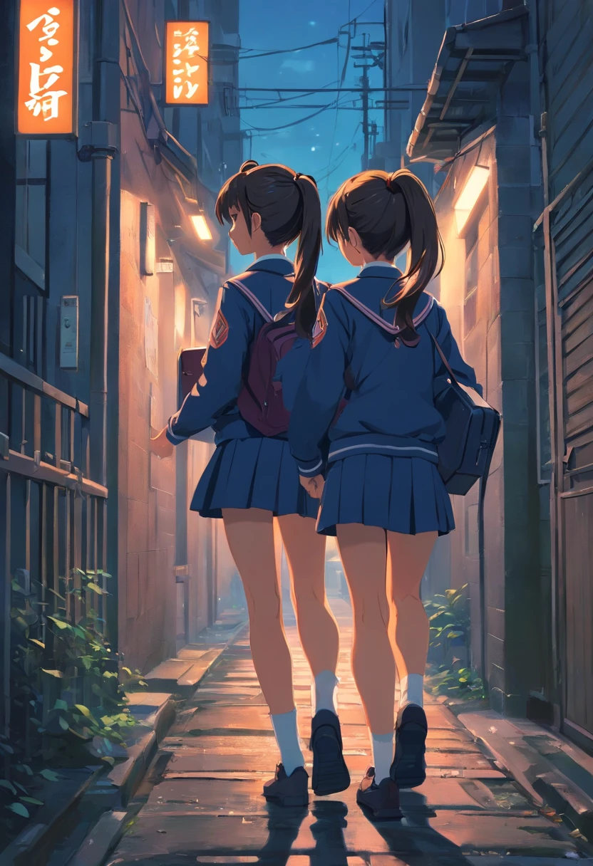 (Dark feeling),((The upper part of the body)),Cute young girl,Age 8 years,((((Two ponytail hairstyles)))),dressed in((Tattered school uniforms)),bookbag,((Walk through dark alleys))