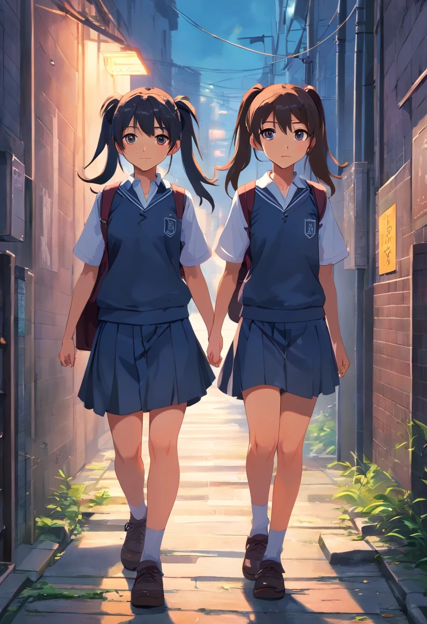 (Dark feeling)，((The upper part of the body))，Cute young girl，Age 8 years，((((Two ponytail hairstyles))))，dressed in((Tattered school uniforms))，bookbag，((Walk through dark alleys))