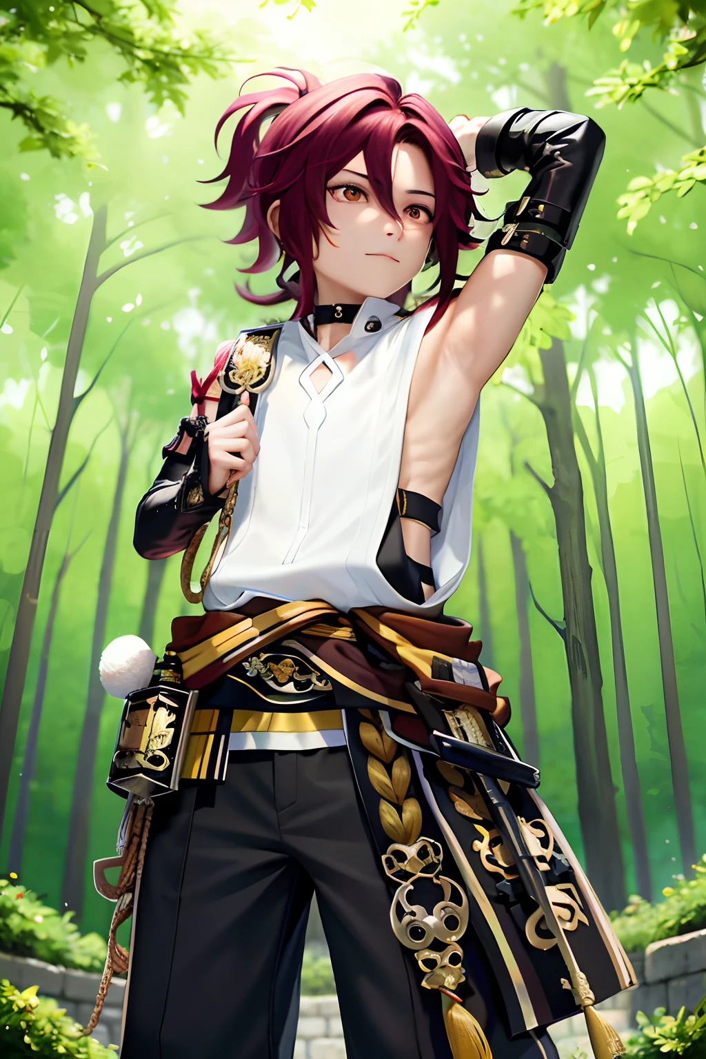 masterpiece, best quality,Shikanoin Heizou (genshin impact), 1boy, male focus, kurokote, green eyes, kote, multicolored hair, mole under eye, red hair, solo, mole, black choker, japanese armor, looking at viewer, choker, armor, streaked hair, aiguillette, sleeveless, ahoge, long hair, low ponytail,(kbxll:0.6)