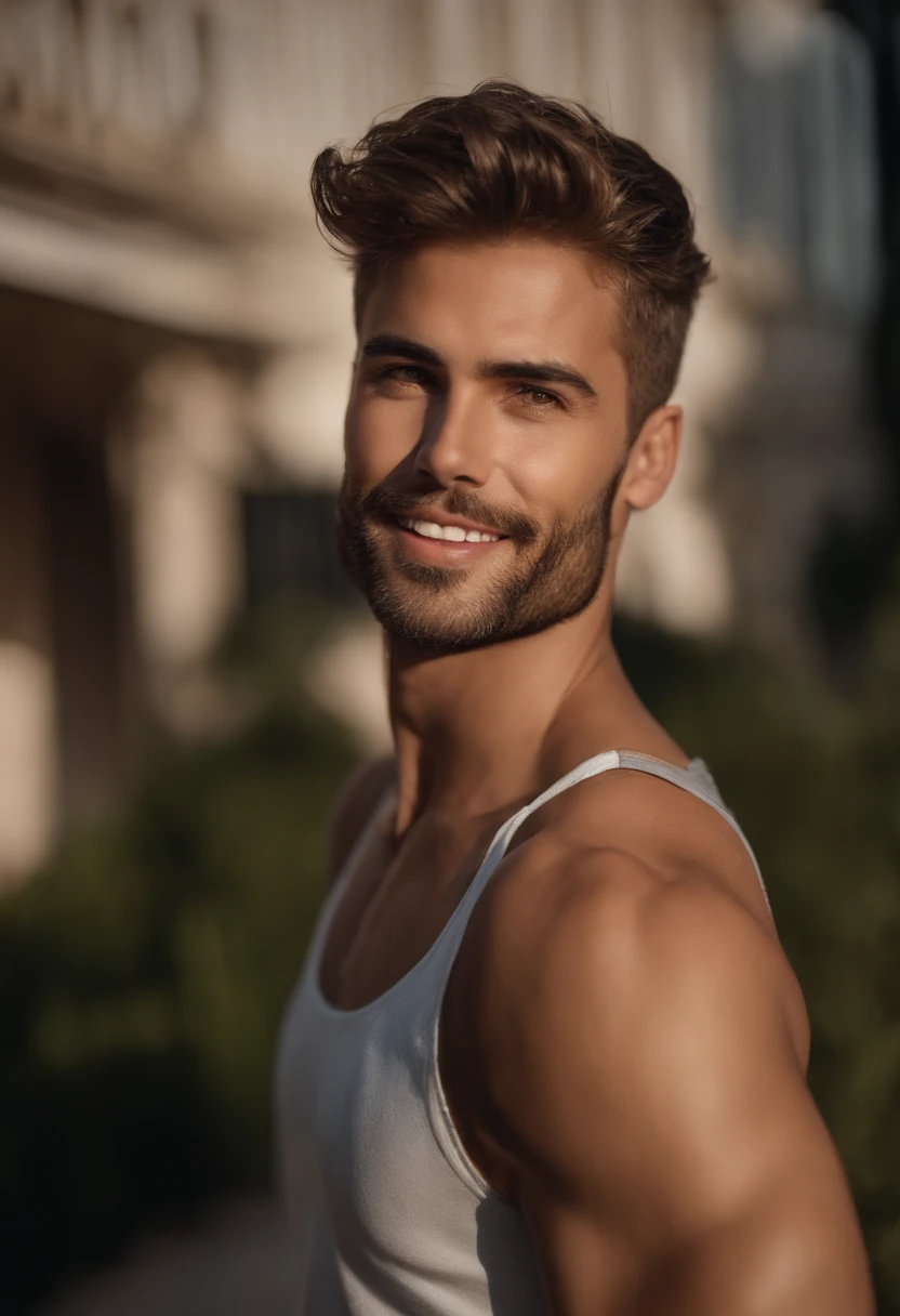 La mejor calidad,Ultra detallado,realista:1.37,Hombre guapo,cara hermosa,ojos detallados,strong jawline,barba de rastrojo,sonrisa encantadora,casual,cabello elegante,afeitado,Postura segura,caballero,Mirada cautivadora,bien arreglado,profesional,Apariencia similar a la de un modelo,vivid colors,Studio lighting,Warm color tone from front to camera ,Medio:retrato