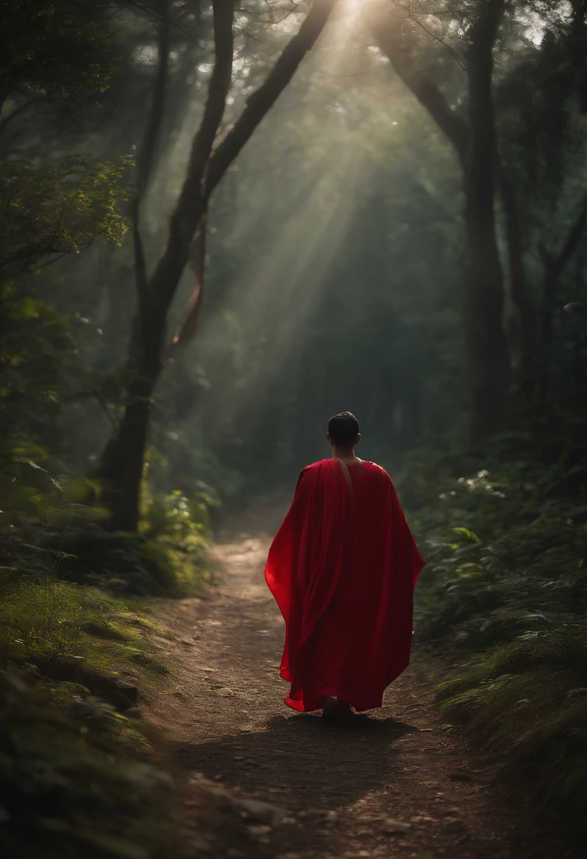 In an Asian forest, a pilgrim on his back walks toward a temple illuminated by sunrise., his red cape swings to the movement of walking