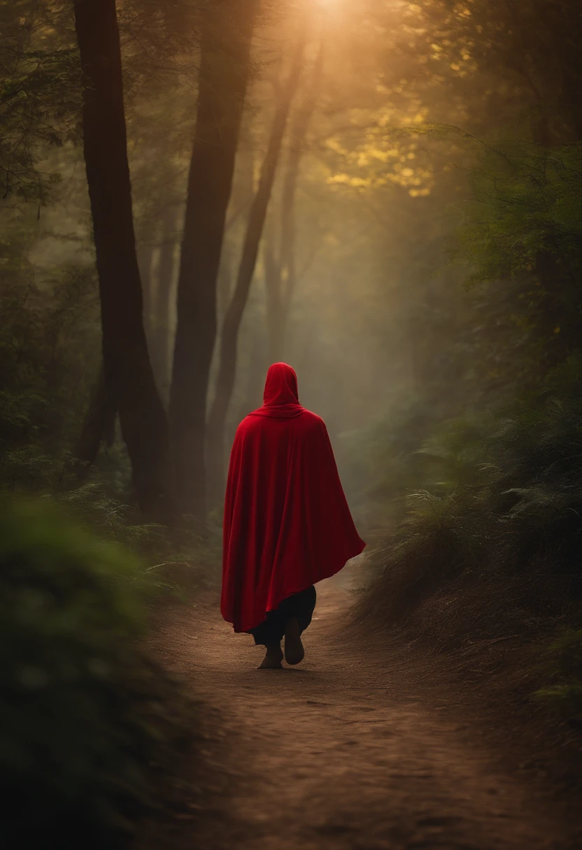 In an Asian forest, a pilgrim on his back walks toward a temple illuminated by sunrise., his red cape swings to the movement of walking