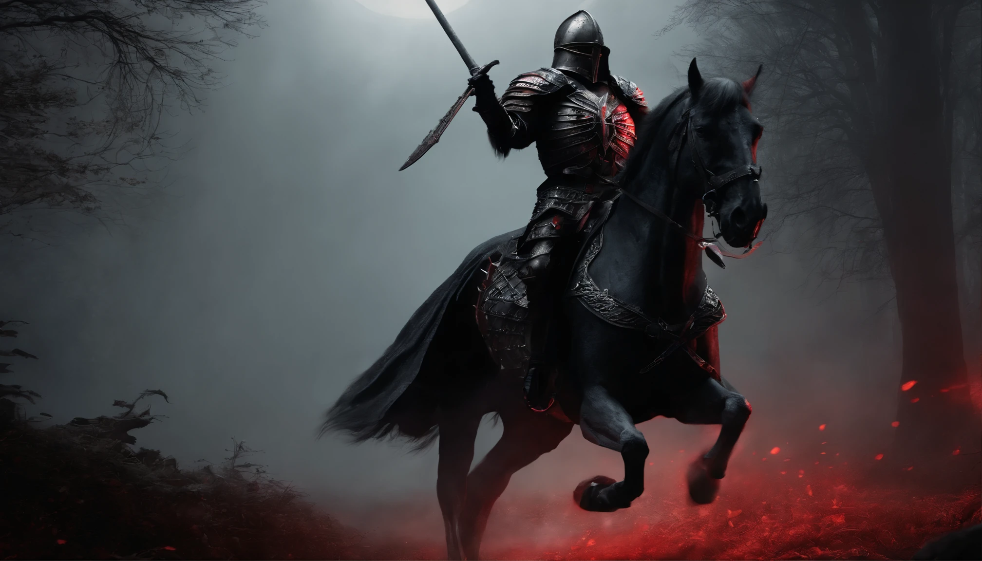 Undead Knight，Undead，Crusader pitch-black armor，red eyes，Skeleton horse，fantasy world，Medieval dark forest，horror atmosphere，uncanny，High-precision details，HD，8k