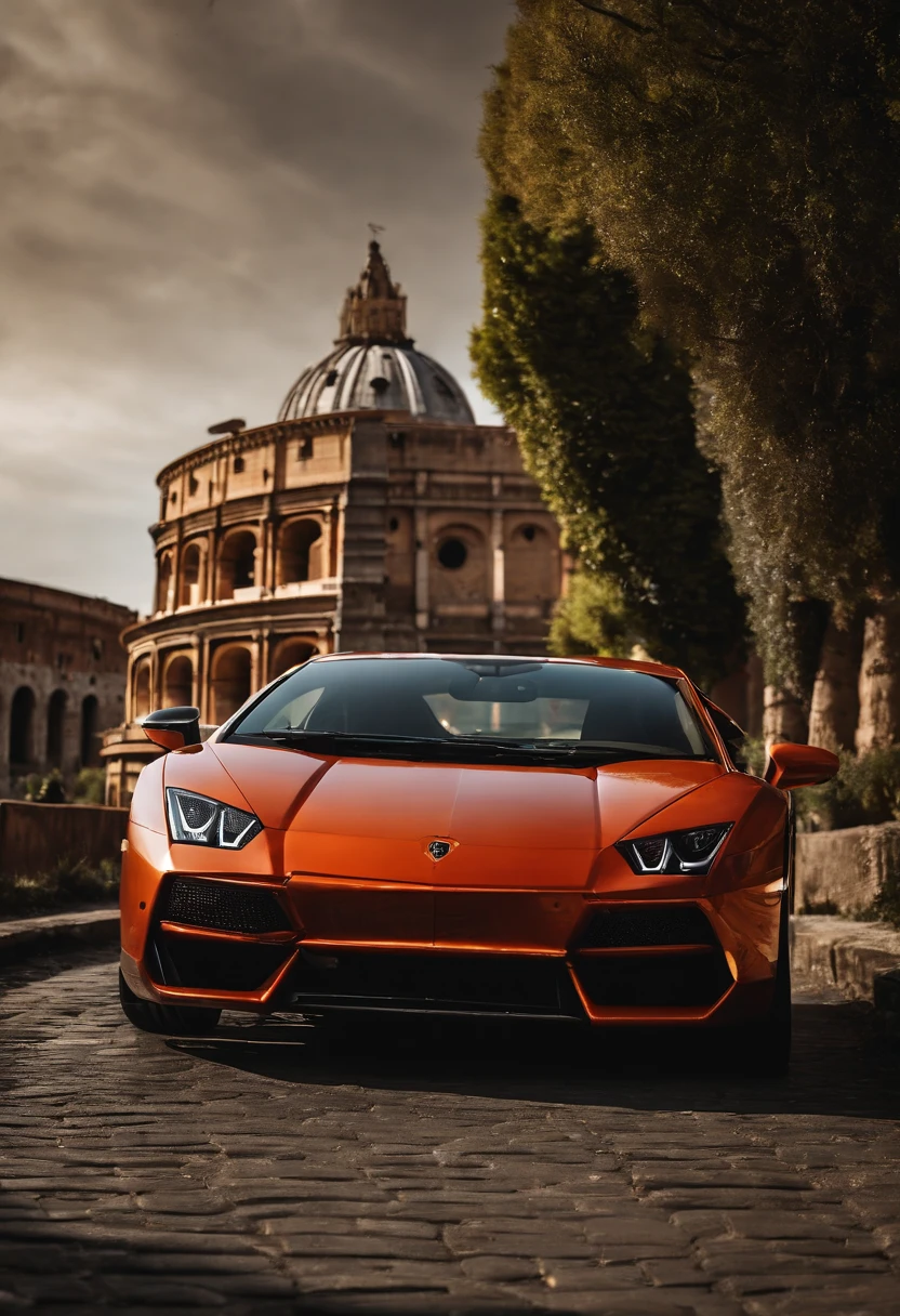 lamborghini  design for a T-shirt in roma and the coliseum in the background.