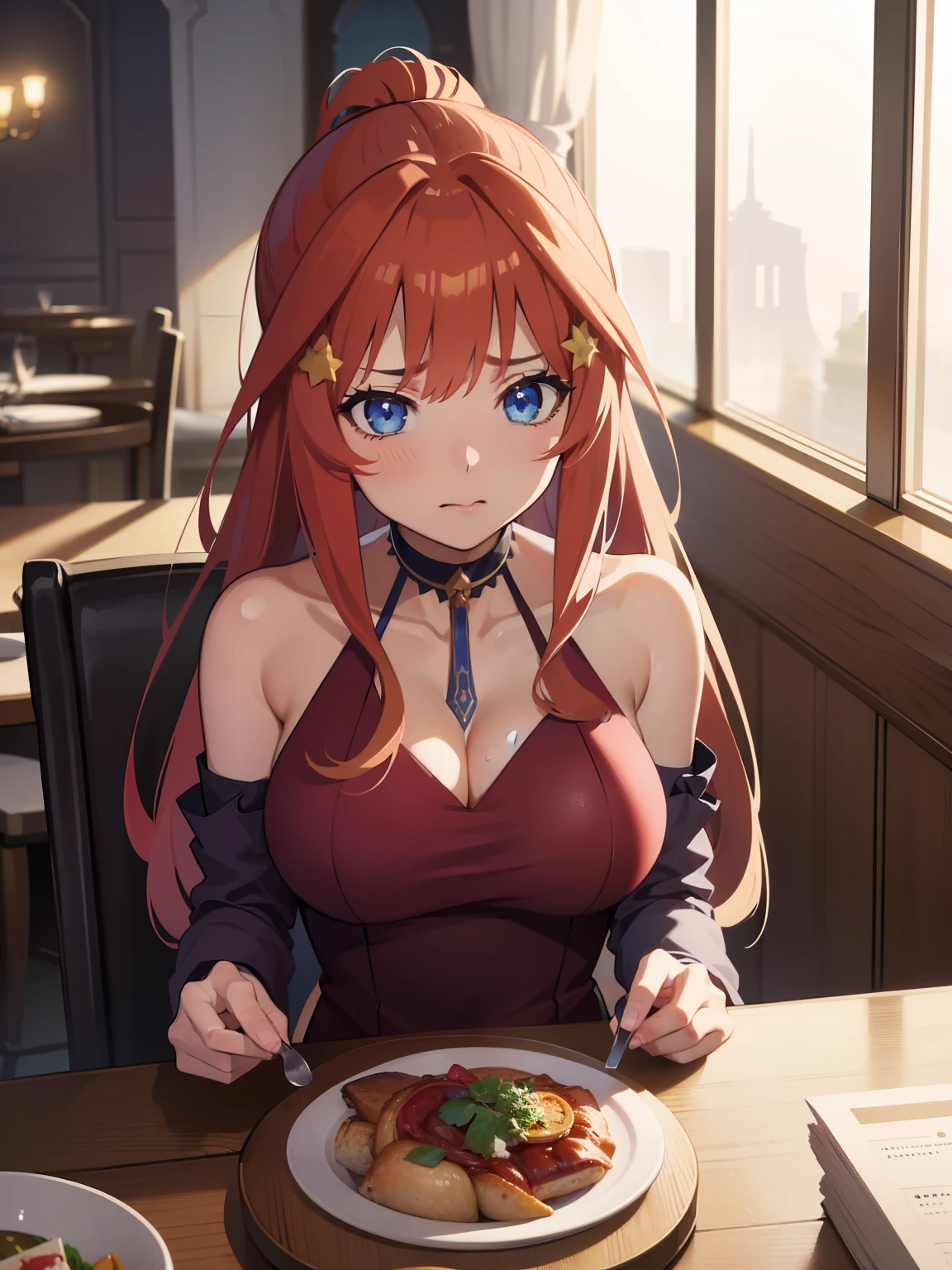 1girl, Anime girl with long hair, anime moe art style, Anime visuals of cute girls, Anime Best Girl, itsuki nakano fanart, pretty anime girl, Smooth Anime CG Art, Seductive Anime Girl, charming anime girls, Cute anime girl, Shining eyes, big boobs, (((((at the dinner table))))), ((looking at viewer)), (((((ashamed))))), close up, red hair, blue eyes, ((((elegant clothes)))), (paris), (((fancy restaurant))), cup of wine, cleavage, red dress, ponytail, golden earings, people, candle lit, ((((gala))))