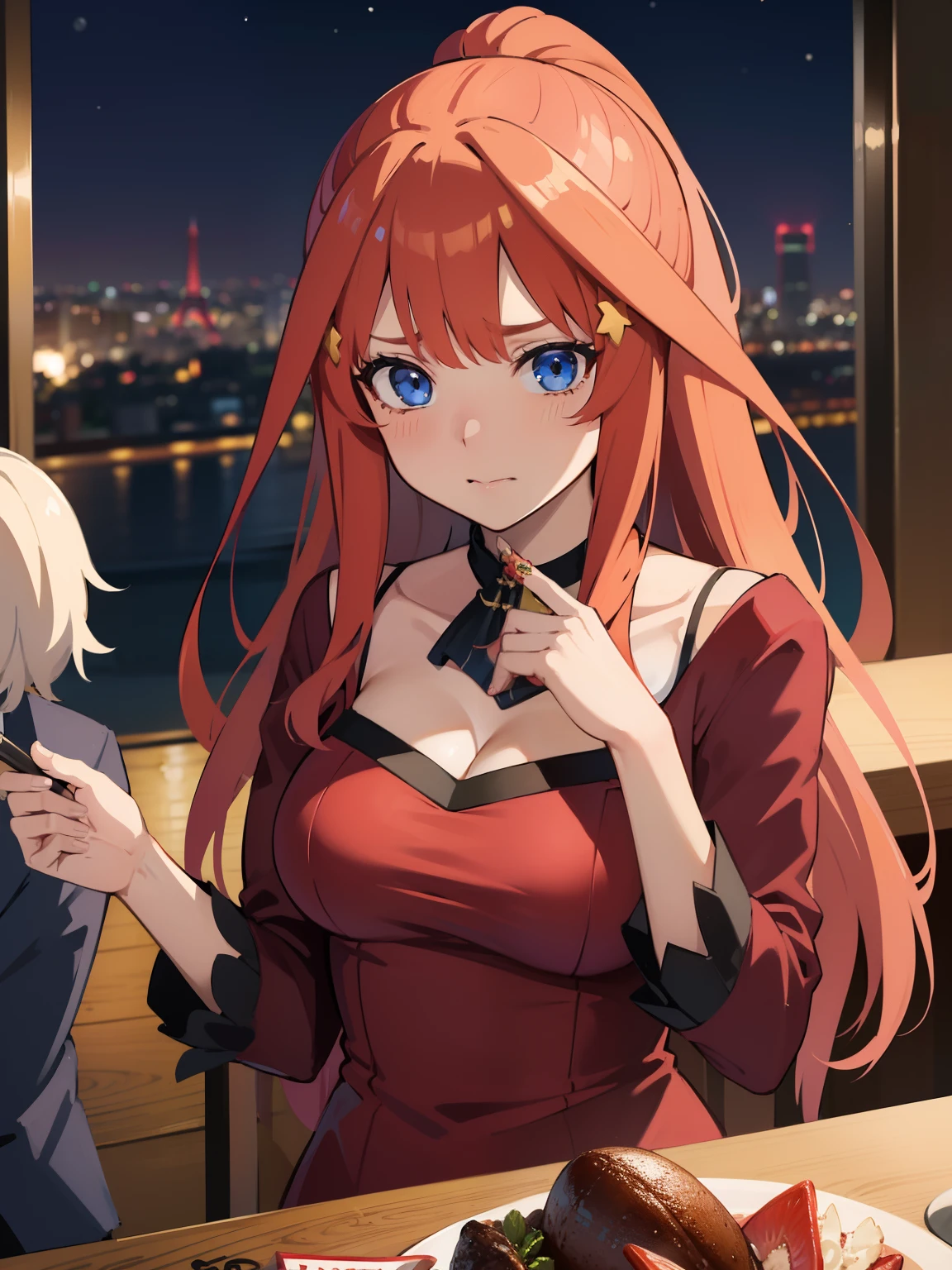 1girl, Anime girl with long hair, anime moe art style, Anime visuals of cute girls, Anime Best Girl, itsuki nakano fanart, pretty anime girl, Smooth Anime CG Art, Seductive Anime Girl, charming anime girls, Cute anime girl, Shining eyes, big boobs, (((((at the dinner table))))), ((looking at viewer)), (((((ashamed))))), close up, red hair, blue eyes, ((((elegant clothes)))), (paris), (((fancy restaurant))), cup of wine, cleavage, (((red dress))), ponytail, golden earings, people, candle lit, ((((gala)))), night