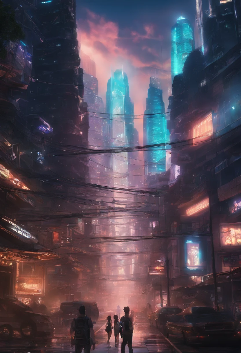 Imagem de fundo:
* Uma cidade cyberpunk
* tall, futuristic buildings
* Luzes neon
Elementos da imagem:
* A big spotlight in the sky
* A palavra "Animes Nexus" escrita no holofote
* Um grupo de pessoas de diferentes origens, todas assistindo ao holofote
Legenda:
* "Animes Nexus: O futuro do anime"