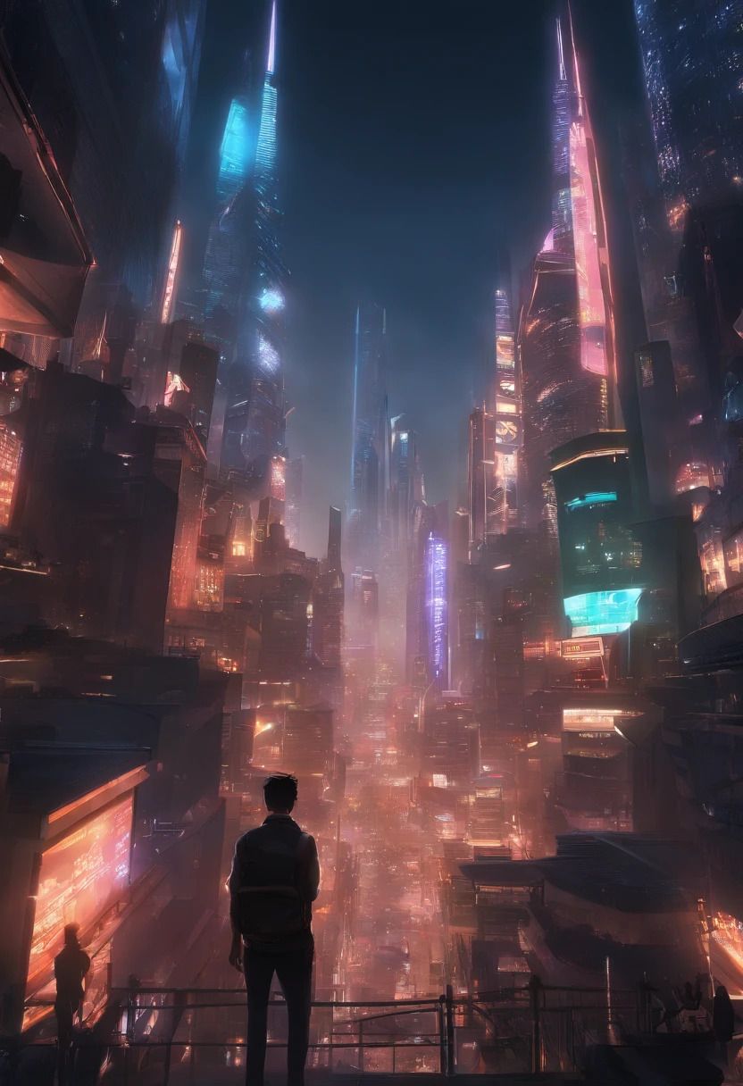 Imagem de fundo:
* Uma cidade cyberpunk
* tall, futuristic buildings
* Luzes neon
Elementos da imagem:
* A big spotlight in the sky
* A palavra "Animes Nexus" escrita no holofote
* Um grupo de pessoas de diferentes origens, todas assistindo ao holofote
Legenda:
* "Animes Nexus: O futuro do anime"