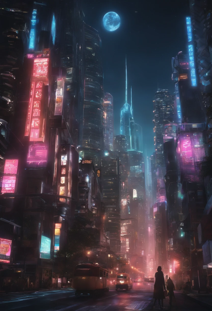 Imagem de fundo:

* Uma cidade cyberpunk
* tall, futuristic buildings
* Luzes neon

Elementos da imagem:

* A big spotlight in the sky
* A palavra "Animes Nexus" escrita no holofote
* Um grupo de pessoas de diferentes origens, todas assistindo ao holofote

Legenda:

* "Animes Nexus: O futuro do anime"