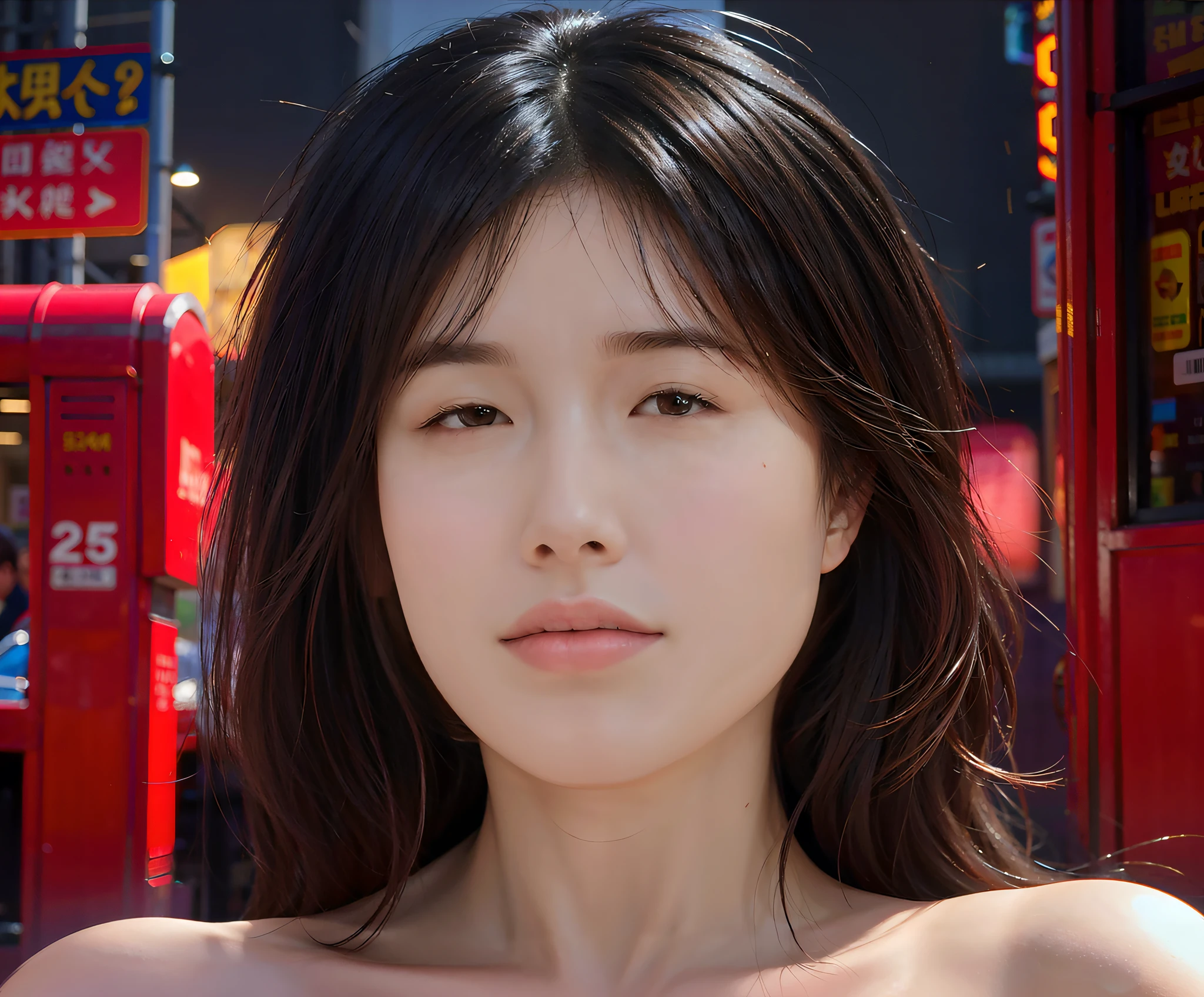 Top image quality、Very clear and realistic photos、Very detailed and beautiful hair quality、The most beautiful woman、In the city during the day、(((Upper body naked)))、