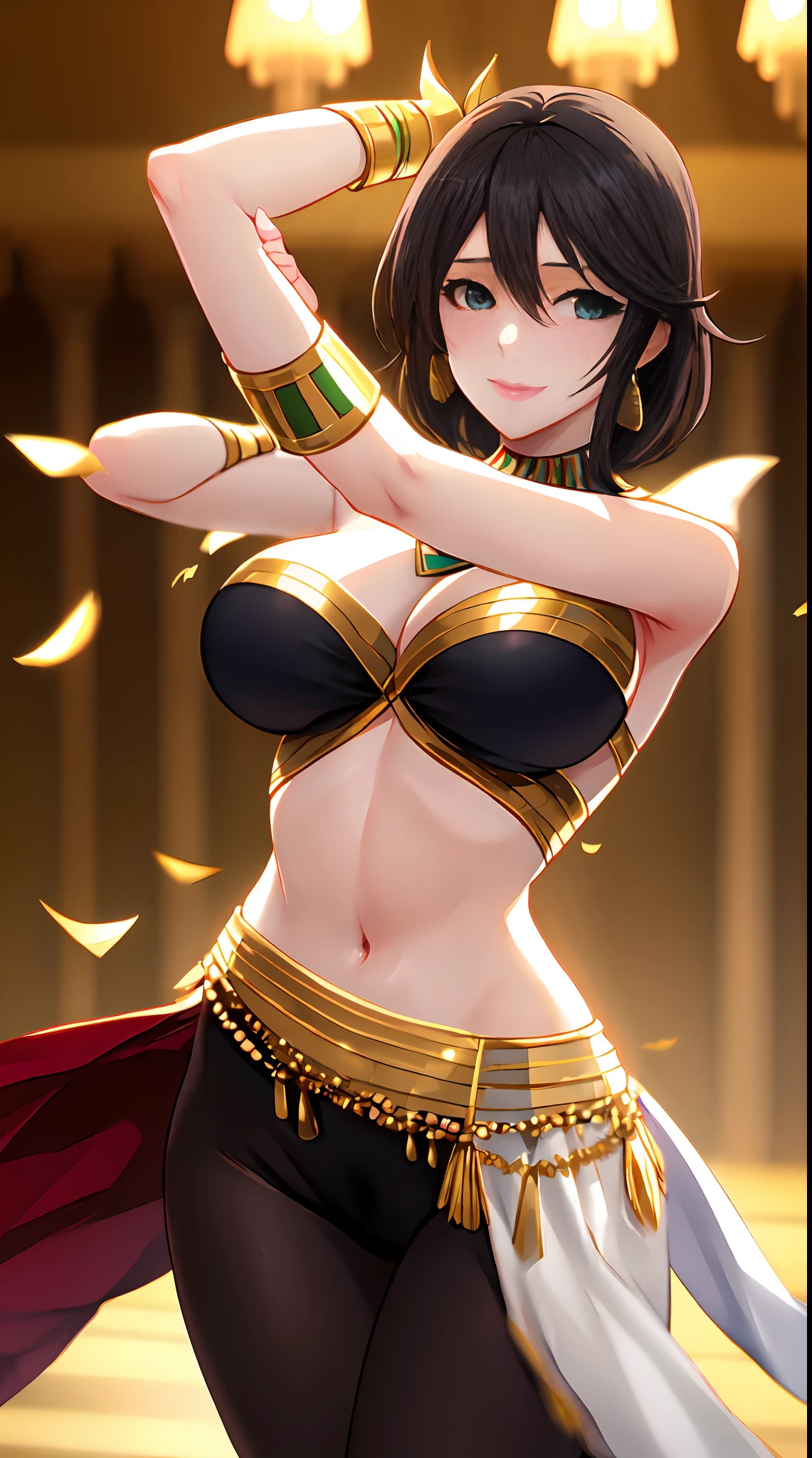 " (((Hot Egyptian dance )))،(dressed as a gold-colored dancer)، (  The character puts her arms above her head)، (Egyptian pyramids)، (Anime girl with the most beautiful forms of irides, its color is bright green)، (She has short black hair.)، (Sexy posture )، (oversized breasts)،  (Creating a girl with charming eyes beauty)، (one girl)، (realistic photo)، (Anime girl with elaborate eyes drawing ) "