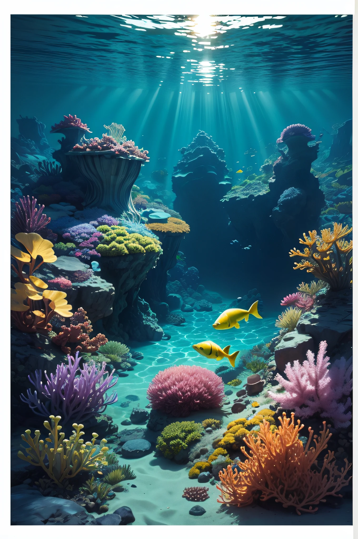 high qulity, ocean, underwater scene, fish swimming, cool lighting, sun shining from above through the water, colorful colors, sea monster, atlantis