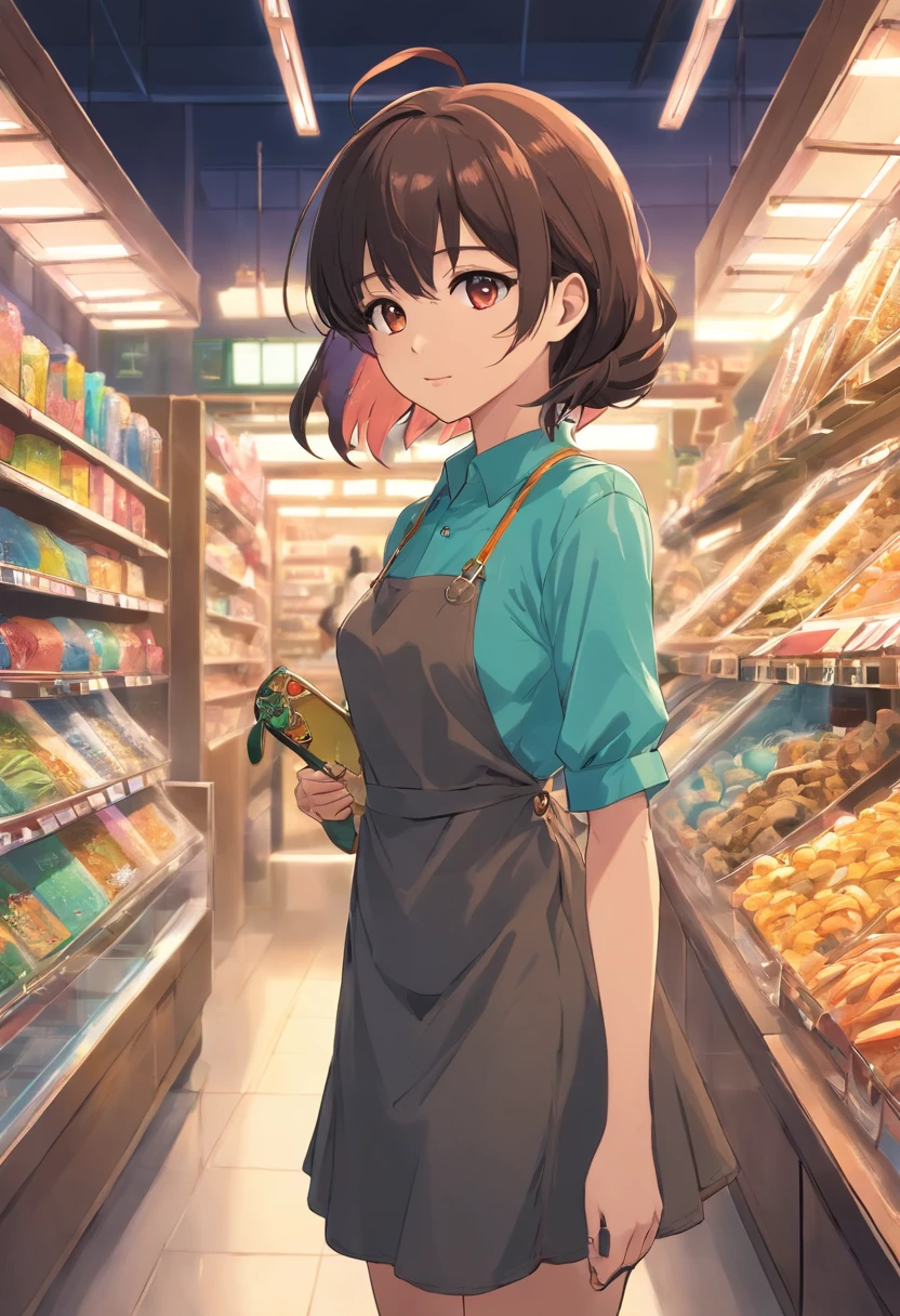 (Dark feeling),((The upper part of the body)),A woman with big,(Neat bangs,Long neat hair),Aprons and shirts,((In a reptilian pet store,Big python,serpent,lizard,Spider pets))