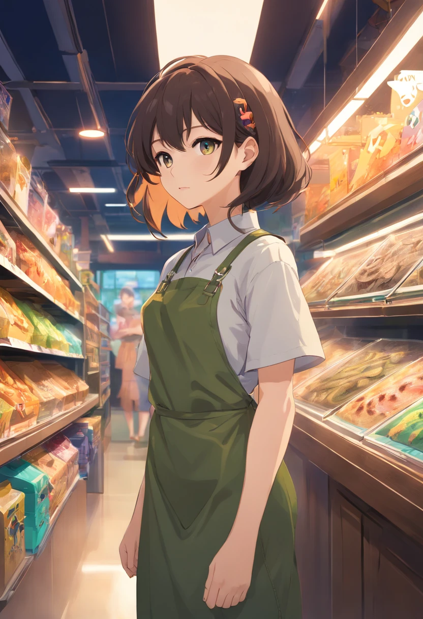 (Dark feeling)，((The upper part of the body))，A woman with big，(Neat bangs，Long neat hair)，Aprons and shirts，((In a reptilian pet store，Big python，serpent，lizard，Spider pets))