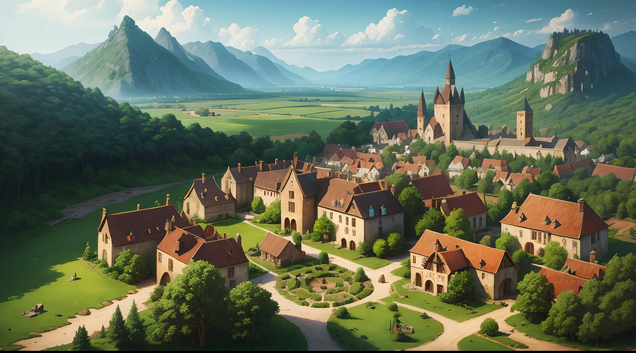 medieval village in the middle of the forest , top view, fantasy style