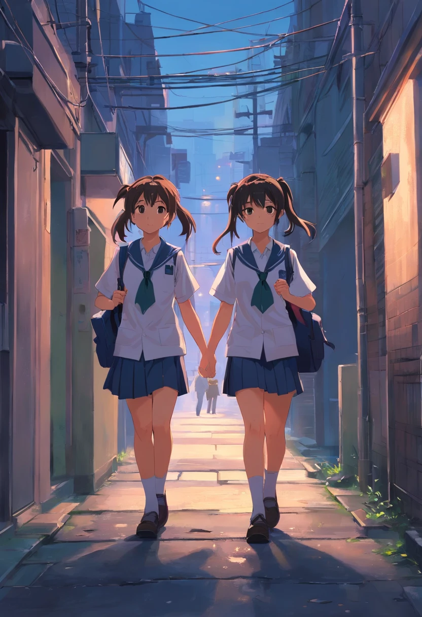 (Dark feeling),((The upper part of the body)),A young girl is cute,Age 8 ,((Two ponytail hairstyles)),dressed in((Tattered school uniforms)),bookbag,((Walk through dark alleys))