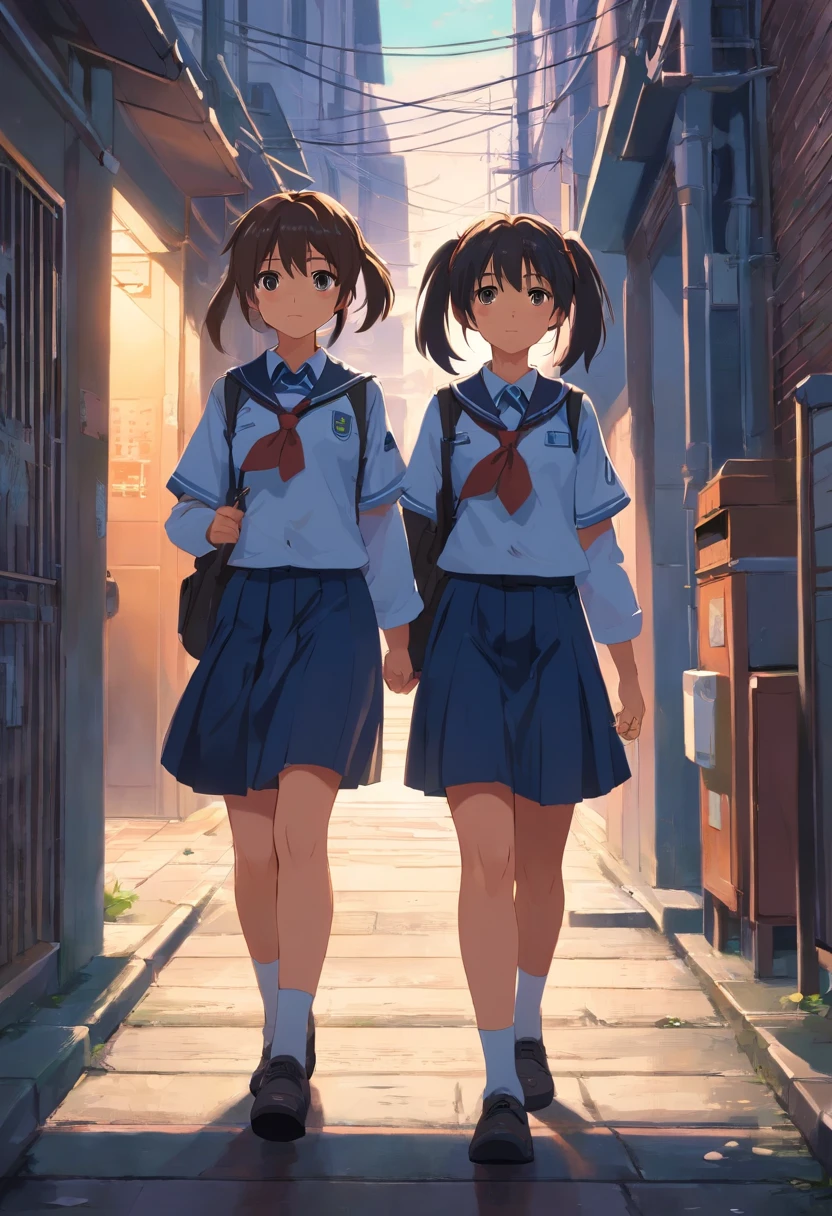 (Dark feeling),((The upper part of the body)),A young girl is cute,Age 8 ,((Two ponytail hairstyles)),dressed in((Tattered school uniforms)),bookbag,((Walk through dark alleys))