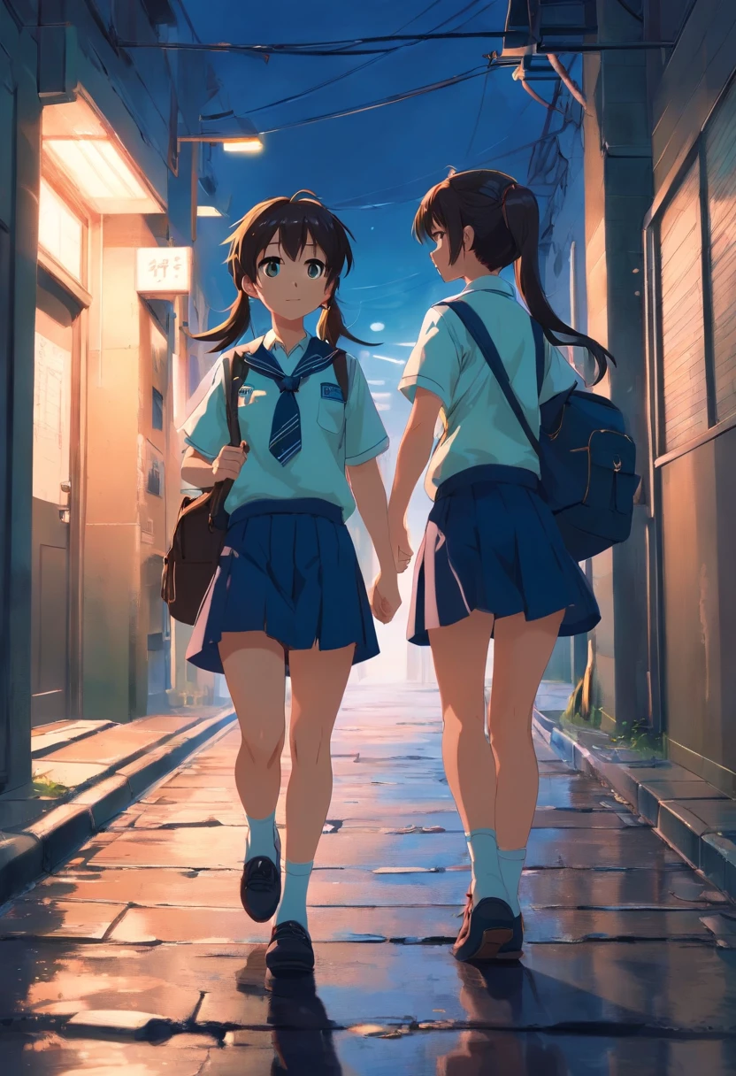 (Dark feeling)，((The upper part of the body))，A young girl is cute，Age 8 years，((Two ponytail hairstyles))，dressed in((Tattered school uniforms))，bookbag，((Walk through dark alleys))