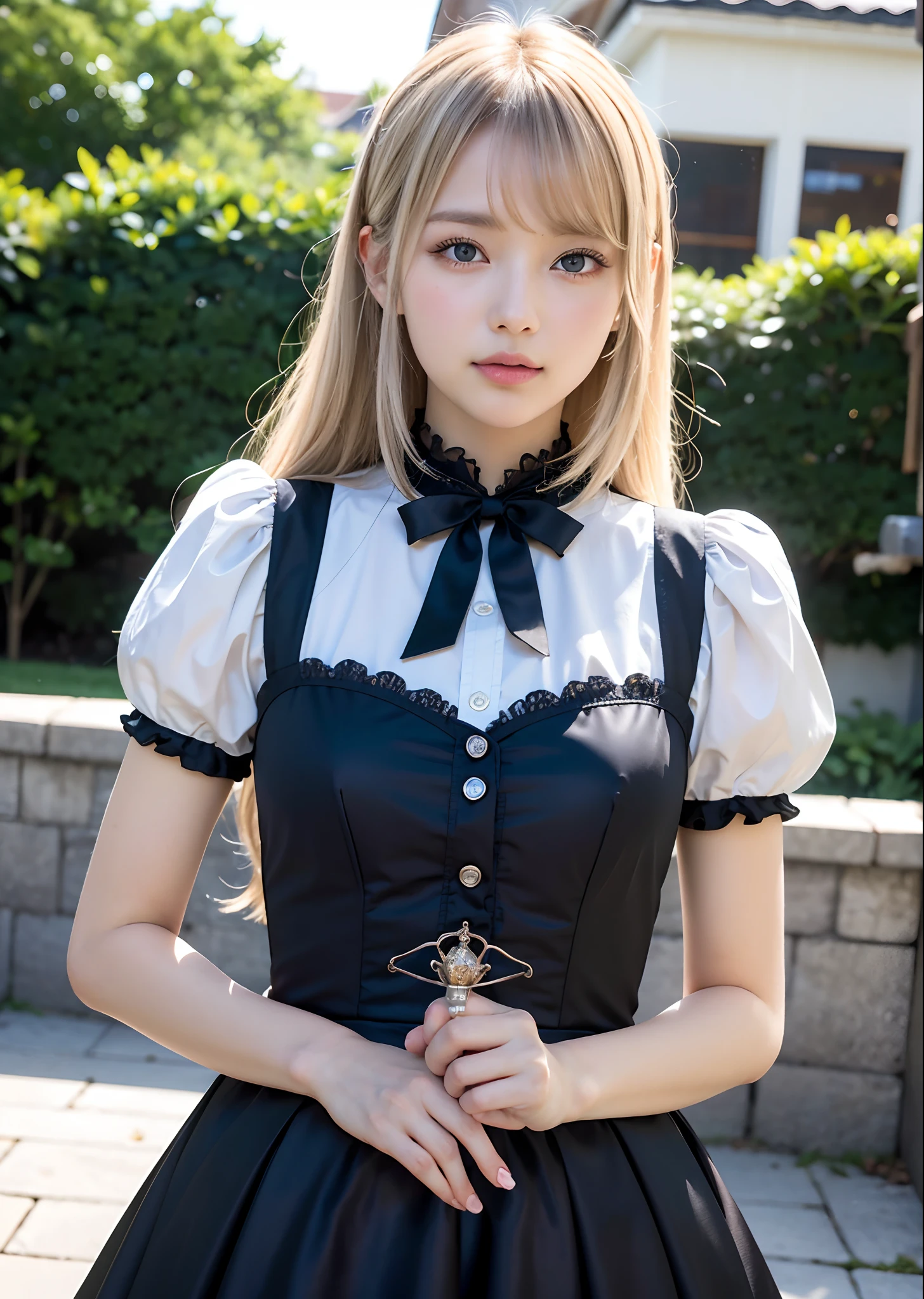 (masutepiece, Best Quality:1.2), 8K, 85 mm, Official art, Raw photo, absurderes, Platinum Blonde Hair, (Blue eyes, Lolita Fashion, sweetlolita, Gothic, Dress:1.2), Idol face, Upper body, Beautiful Girl, gardeniass, Copenhagen, Short sleeve, Elegance, Sophisticated, gardenia, Looking at Viewer, Film grain, chromatic abberation, Sharp Focus, face lights, Dynamic lighting, Cinematic lighting, Detailed face, Bokeh background