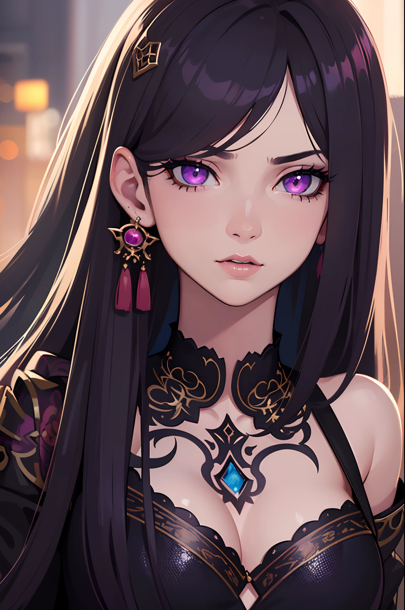 (best quality,4k,8k,highres,masterpiece:1.2),ultra-detailed,(realistic,photorealistic,photo-realistic:1.37),girl,anger,dark violet hair,royalty,pink eyes,glowing,detailed background,fantasy background,wearing fantasy clothes,solo,beautiful detailed eyes,beautiful detailed lips,extremely detailed eyes and face,extra detail,long eyelashes,cleavage,concept artist,straight hair,sexy,portrait,cinematic lighting,colourful palette, seductive eyes,beatiful face,medium chest,light make-up,bokeh,hair ornament,looking at the viewer,seductive eyes,close-up,earring,tattoo,artistic brushstrokes