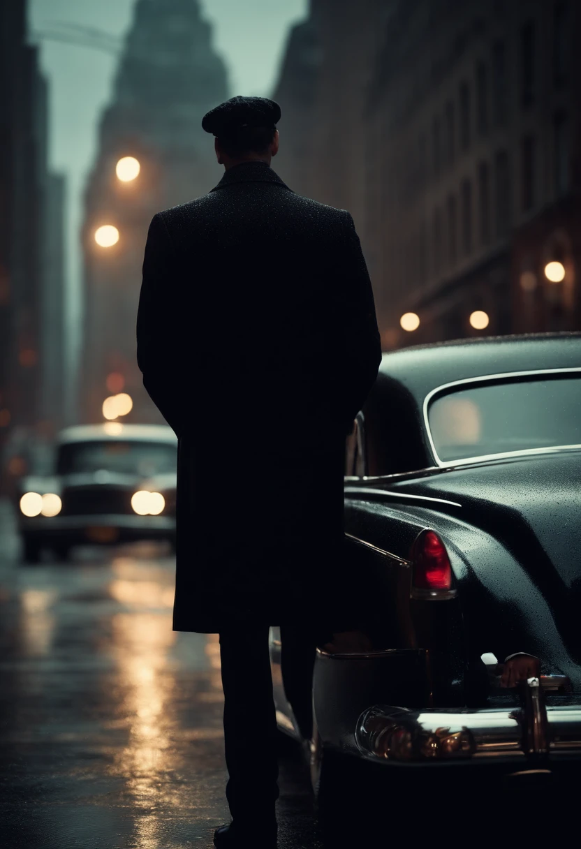 A man in mobster clothes looking at the horizon, leaning against black vintage car, rainy weather, New York City, UHD